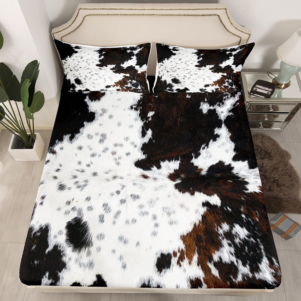 Manfei Cow Fur Fitted Sheet Twin Size White Black Brown Cowhide Bedding Set 2Pcs For Kids Boys Teens Room Decor, Animal Skin Pri