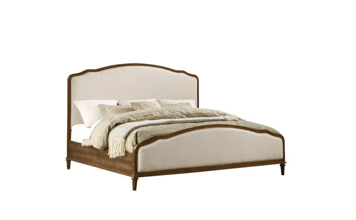 Madrona Burke King Eleanor Sandstone Buff and Cream Bed with Weathered Wood Framing and Curved, Upholstered Headboard and Footboard Panels