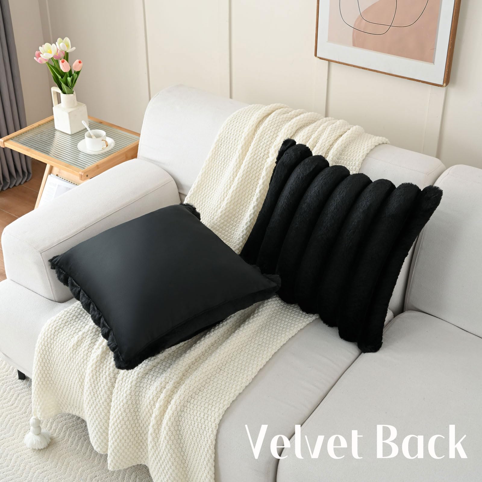 Futei Black Decorative Throw Pillow Covers 20X20 Inch Set Of 2, Square Soft Faux Rabbit Fur Big Striped Cushion Cover,Home Decor