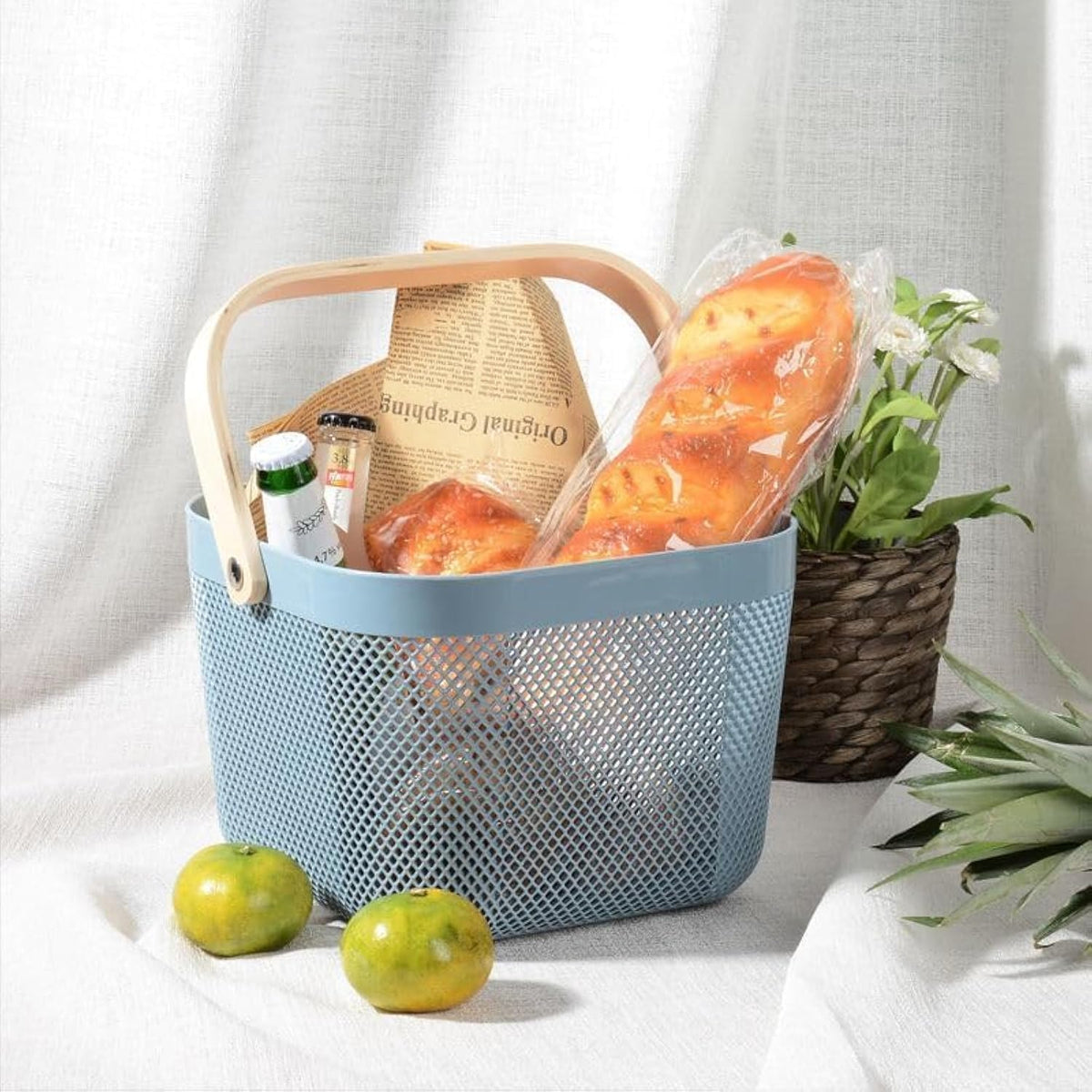 LOOKMINT Metal Mesh Steel Basket, Storage Organizer Basket MultiFunctional Hanging Kitchen Baskets Fruit Basket Bin with Bamboo