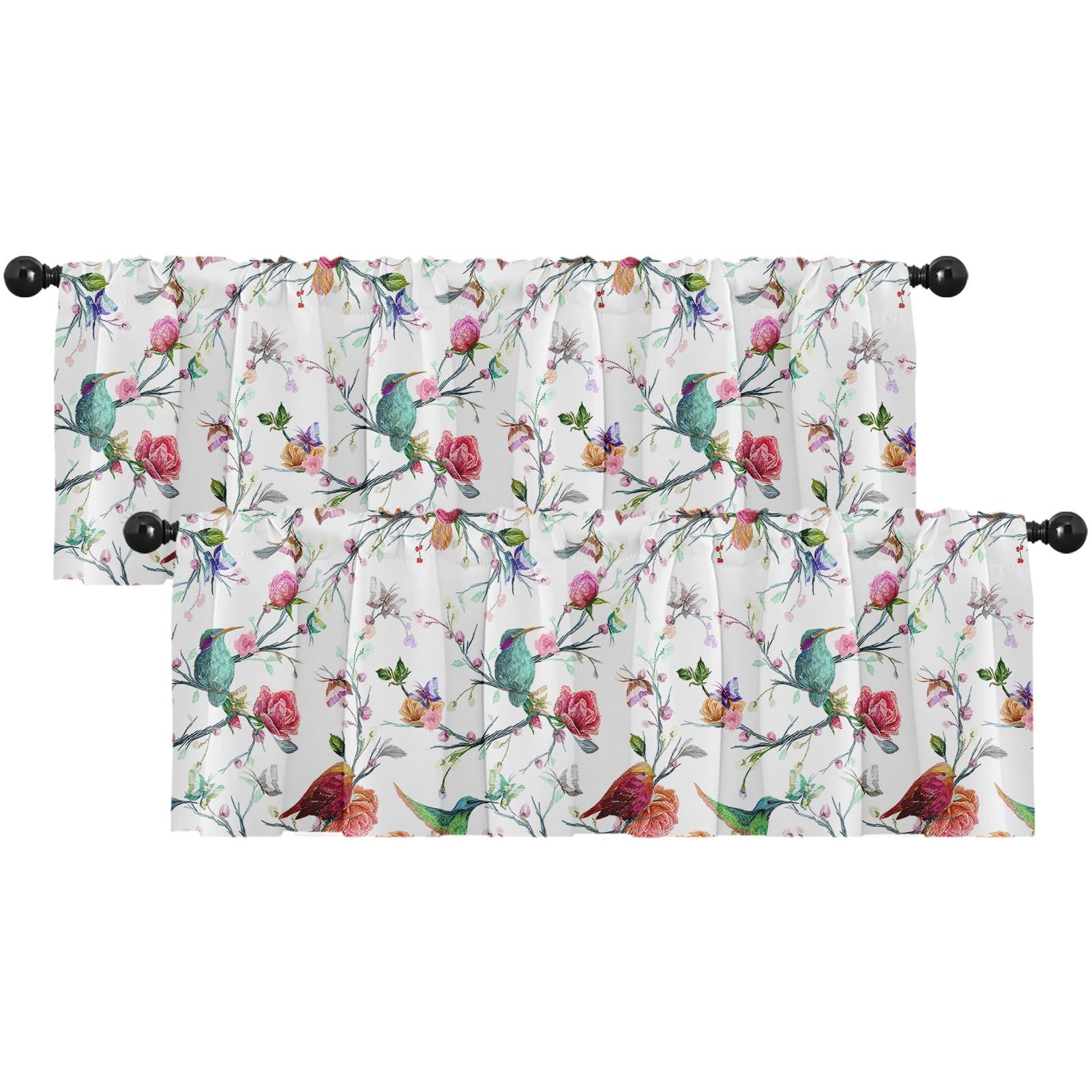Emvency 2 Pack Valances Window Treatments, Watercolor Flowers And Birds Blackout Drapes Adjustable Curtain Valances For Windows