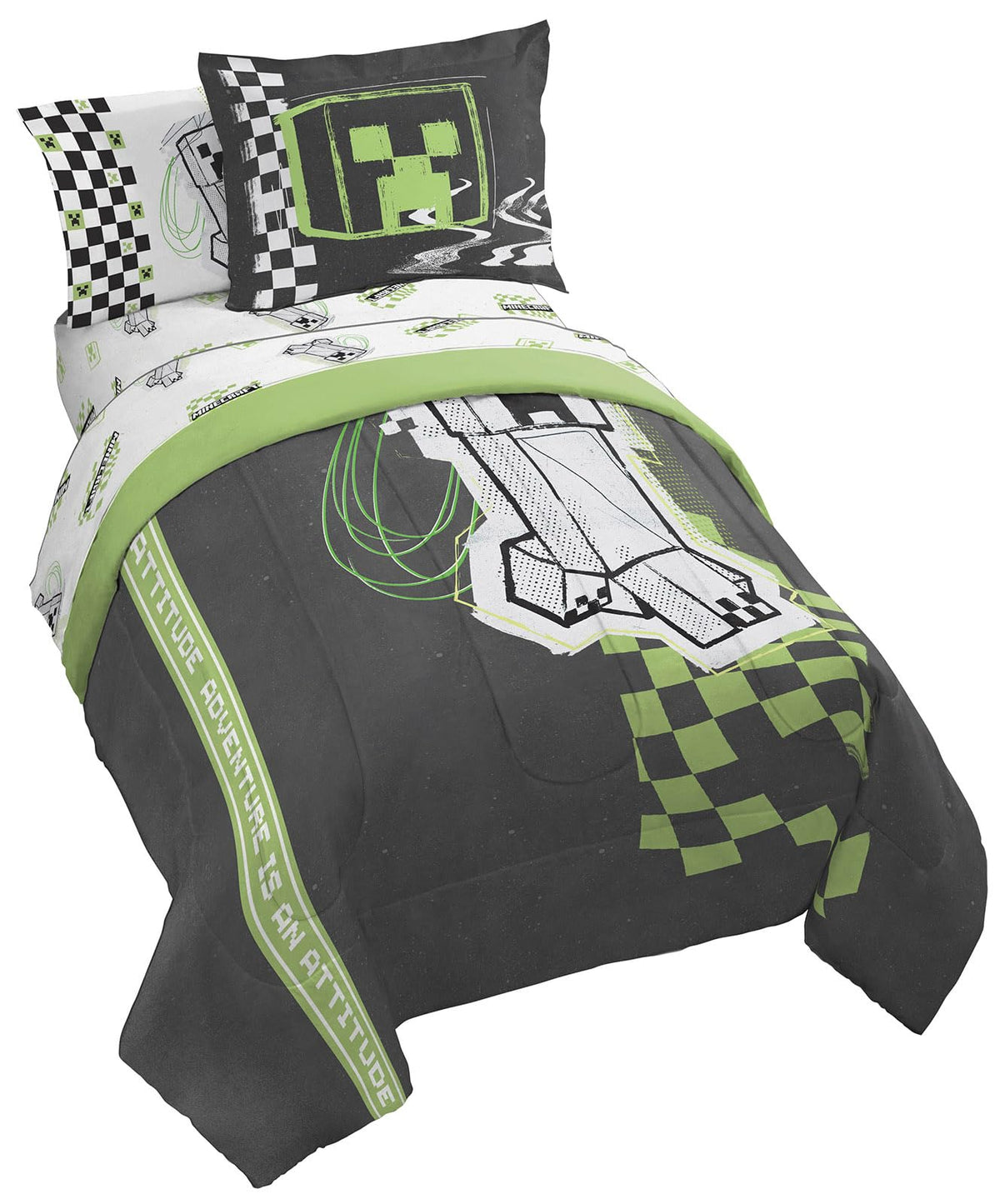 Jay Franco Minecraft Creeper Twin Comforter Set - 5 Piece Bedding Includes Sheet Set & Pillow Covers - Super Soft Gren & Gray Be