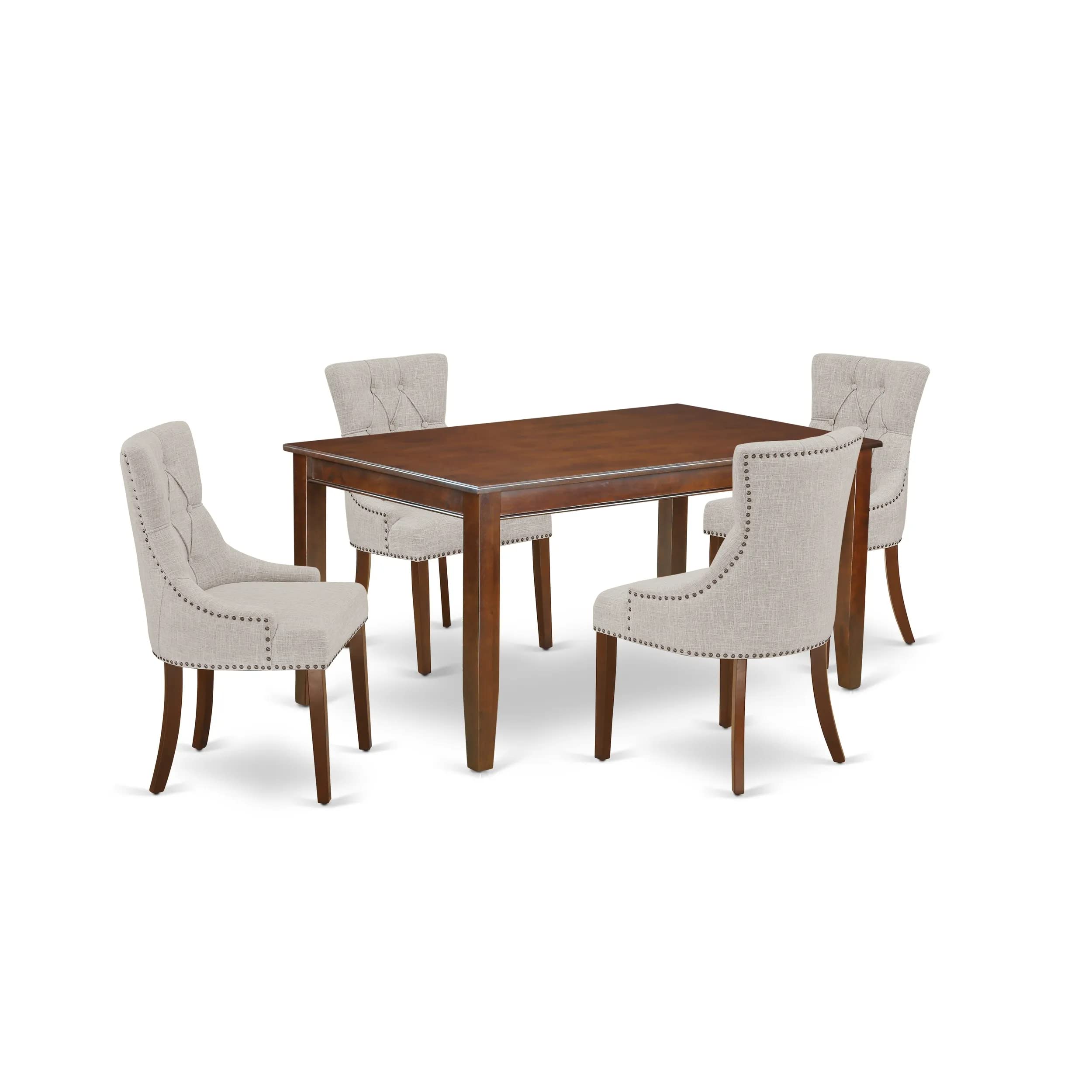 East West Furniture Dufr5-Mah-05 5-Pc Wooden Dining Table Set - Parson Dining Chairs With Doeskin Linen Fabric Seat And Button-Tufted Back - A Rectangular Dining Room Table (Mahogany Finish)