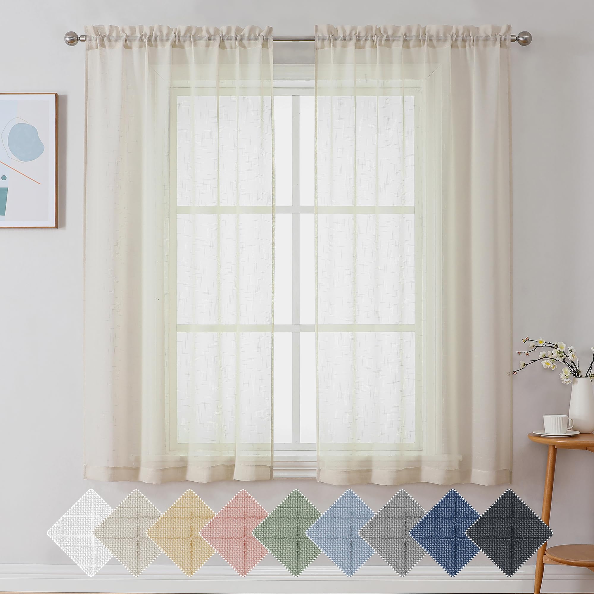 Aiyufeng Kirei Farmhouse Faux Linen Sheer Curtains 63 Inches Long, Light Filtering Solid Drapes For Window, 1 Pair Natural Linen