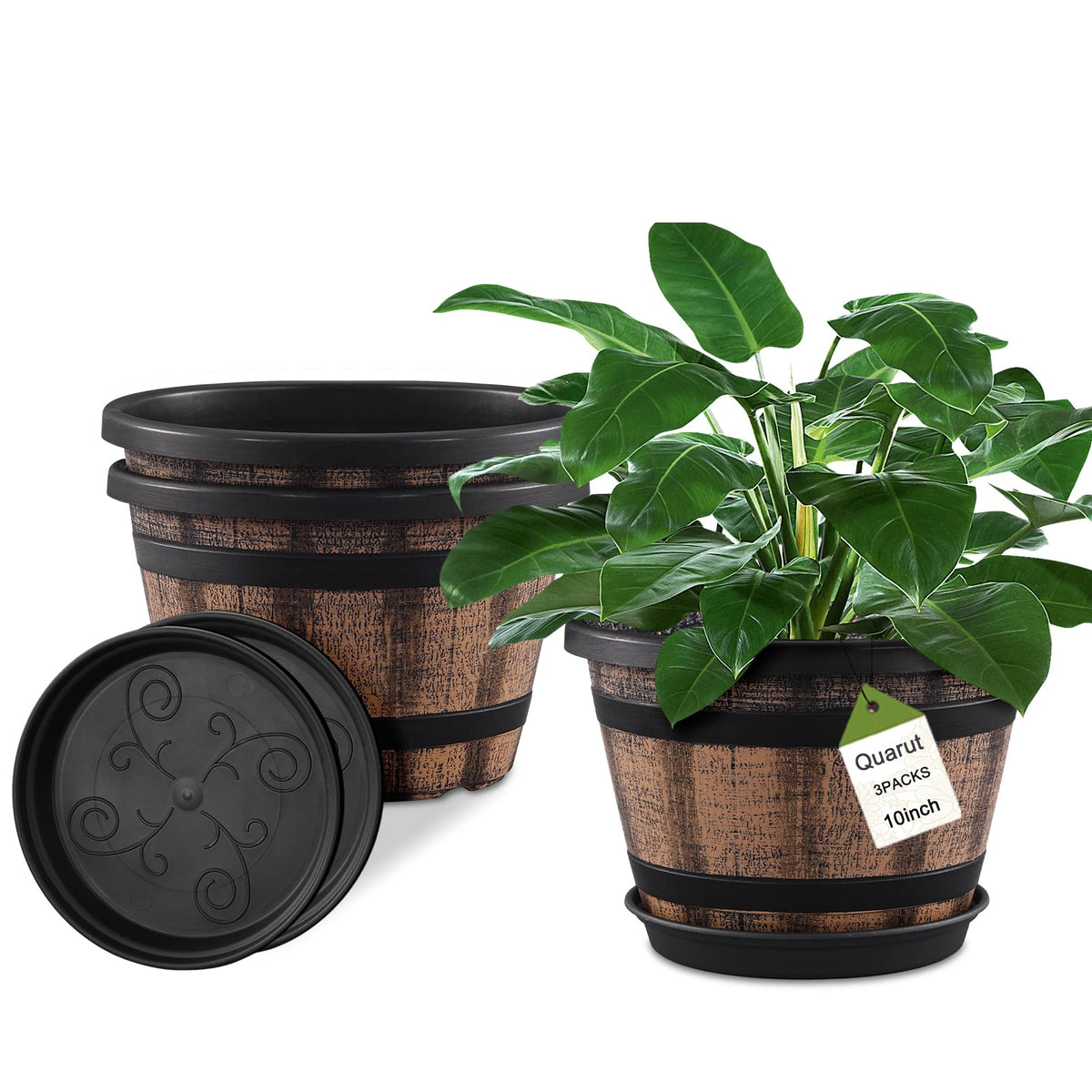 Plant Pots Set Of 3 Pack 10 Inch,Whiskey Barrel Planters With Drainage Holes & Saucer.Plastic Decoration Flower Imitation Wine D