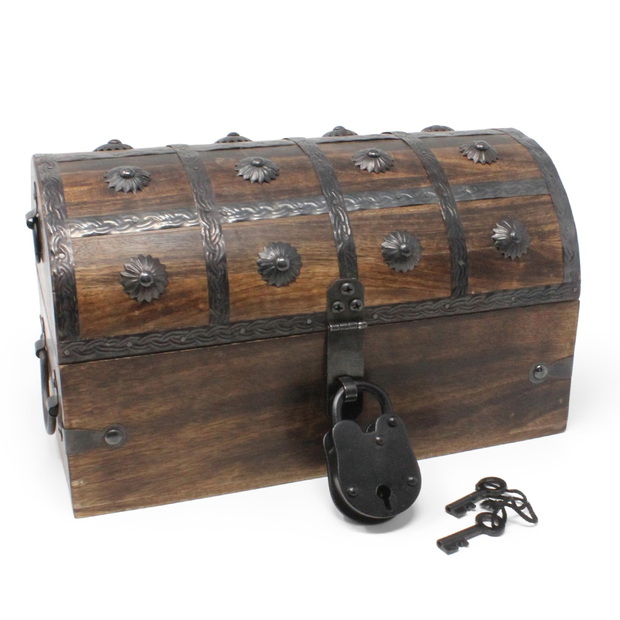 Nautical Cove Pirate Treasure Chest with Iron Lock and Skeleton Key - Wooden Storage and Decorative Box (Medium 11 x 6 x 6.75)