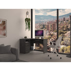 Idra L-Shaped Desk with Keyboard Tray, 2 Drawers, and Open Shelf, Smokey Oak