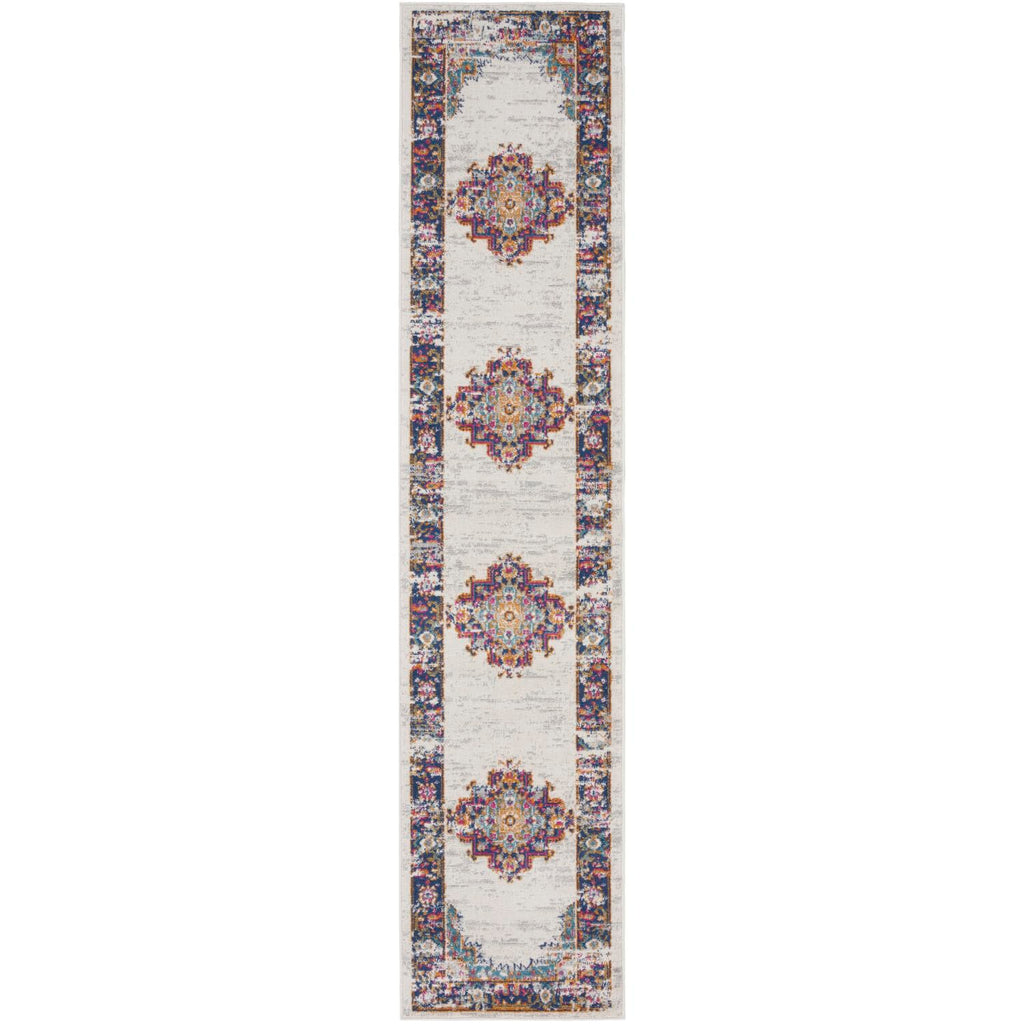 Nourison Passion Bordered Ivory Blue 2'2'' x 10' Area -Rug, Easy -Cleaning, Non Shedding, Bed Room, Living Room, Dining Room, Ki