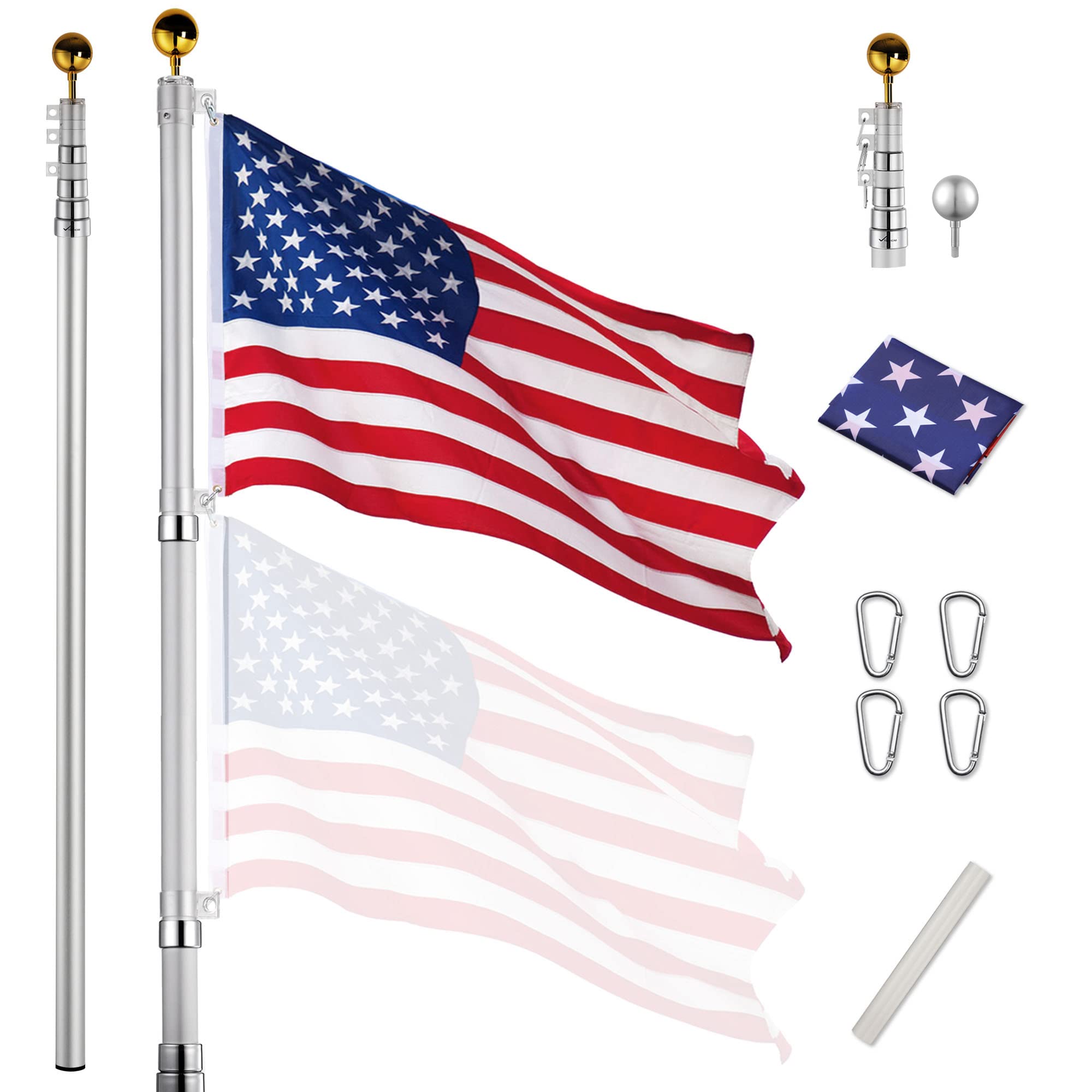 Yescom Upgraded 25 Ft Telescopic Heavy Duty Aluminum Flag Pole Kit Fly 2 Flags 3'X5' Us Flag & Ball Top Flagpole For Commercial