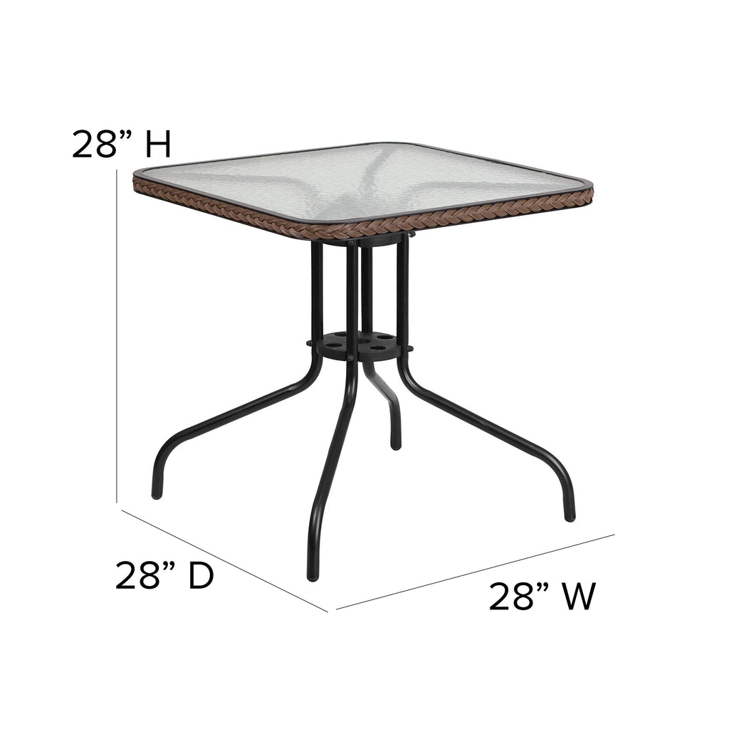 Flash Furniture Lila 3-Piece 28" Square Indoor/Outdoor Patio Table And Chairs Set, Glass Metal Bistro Table And 2 Stacking Rattan Chairs, Brown