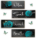 4 Pieces Teal Wall Decor Teal Rose Bathroom Decors Turquoise Bathroom Accessories Wooden Flower Restroom Art Relax Soak Unwind B