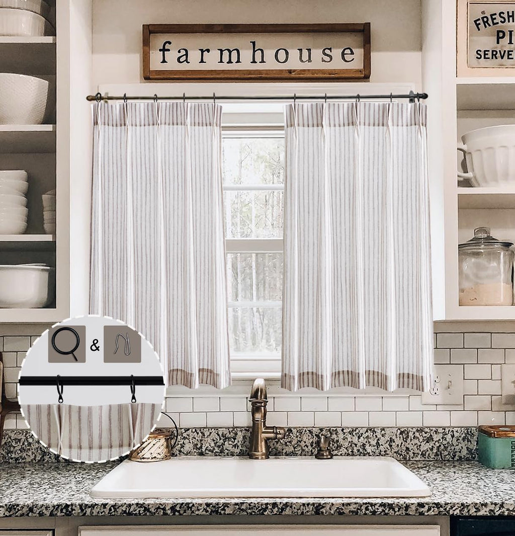 LIMON HOME Taupe Striped 36 inch Length Pinch Pleat Curtains for Cabin,Farm House Curtain for Bathroom Sets of 2 Pieces