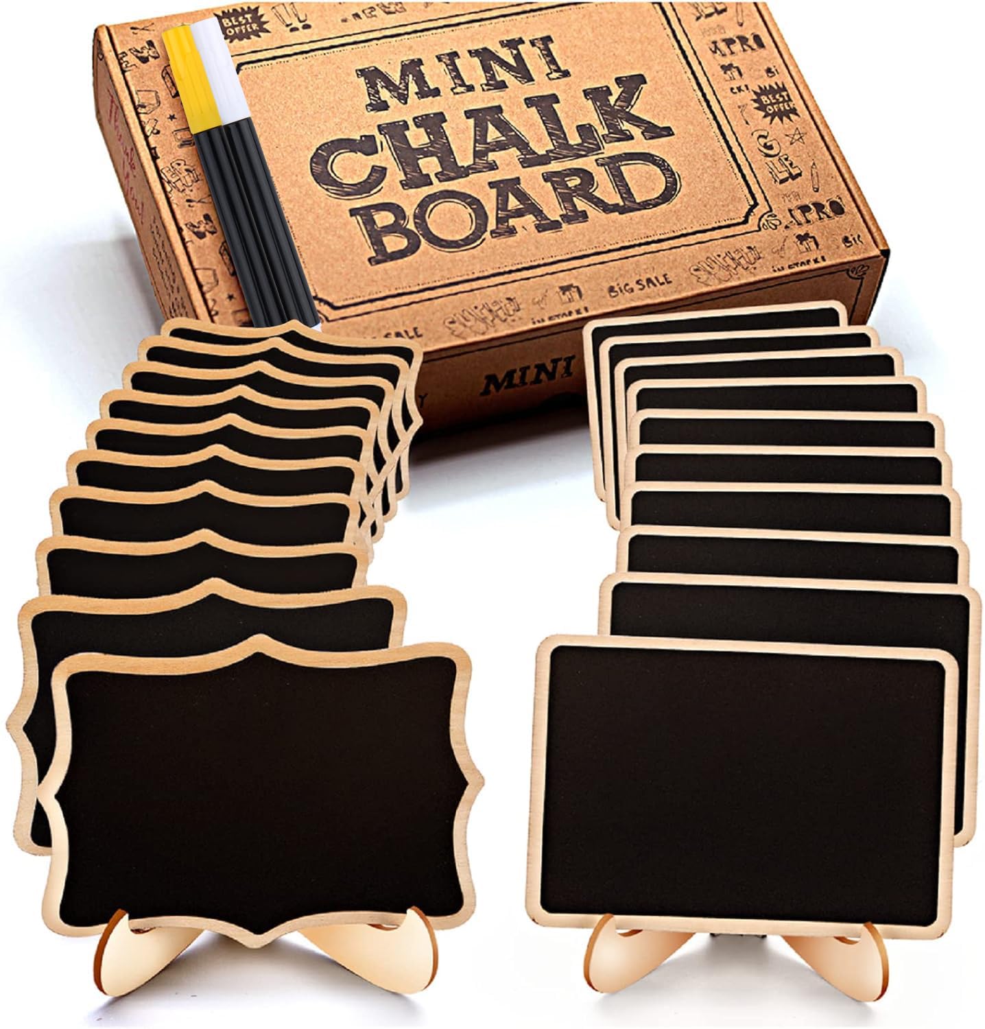 Mini Chalkboard Signs, 20 Pack Framed Small Chalkboard Labels with Easel Stand, Wooden Blackboard for Table Numbers, Food Signs,