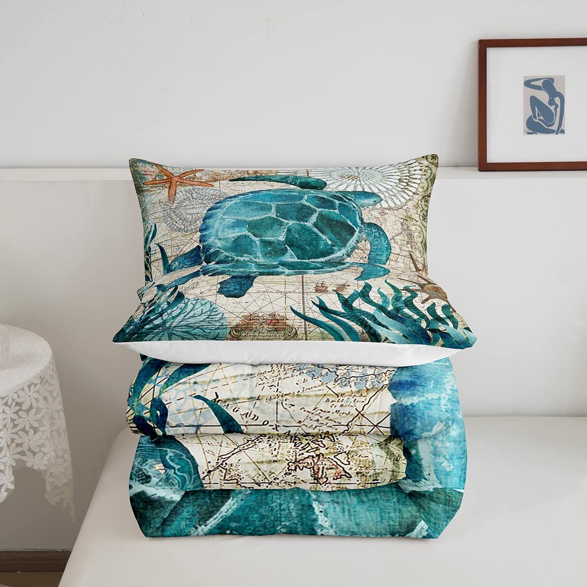 Erosebridal Turtle Bedding Teal Turtle Comforter Set Turquoise Ocean Themed Mediterranean Style Printed Design Ocean Turtle Down
