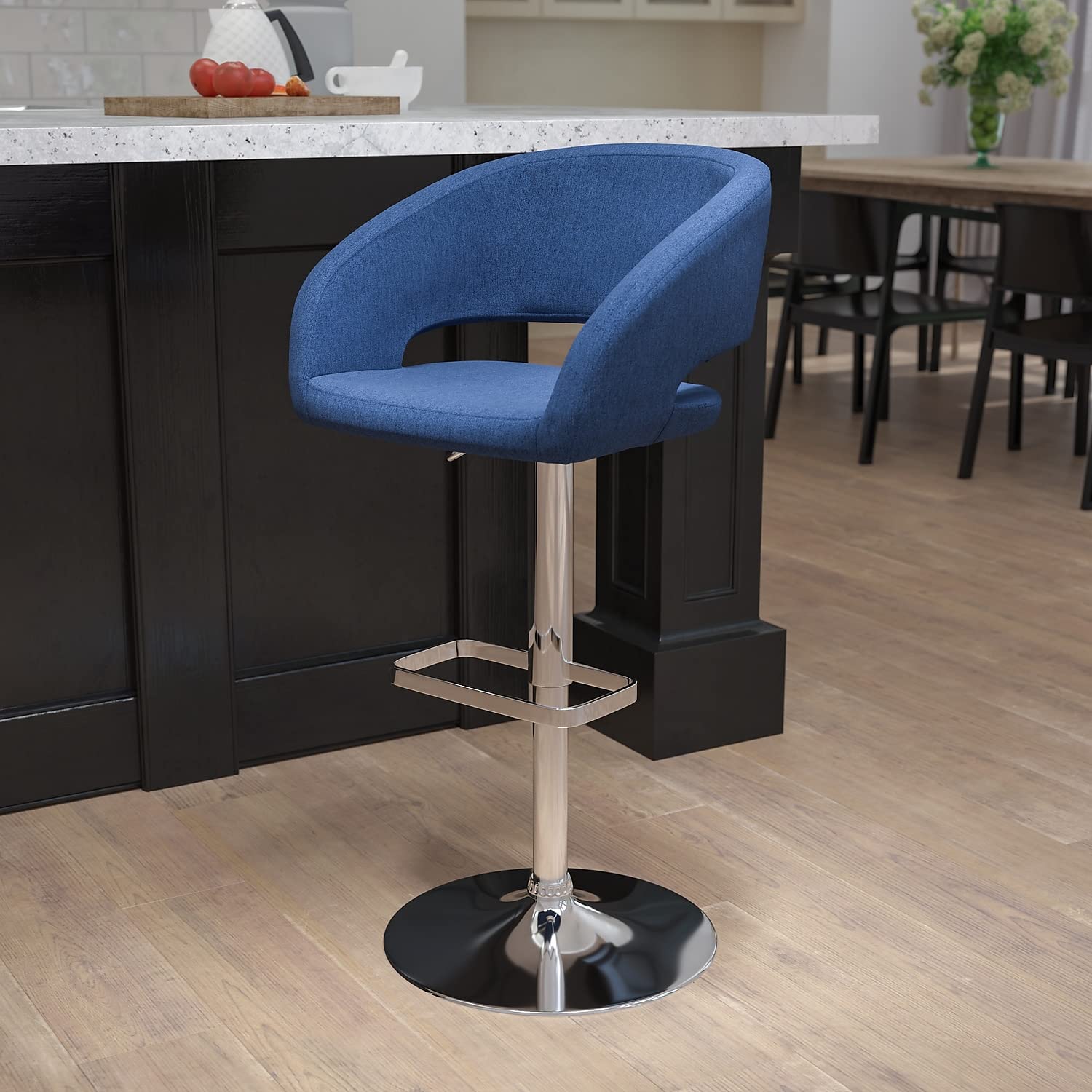 Flash Furniture Erik Comfortable & Stylish Contemporary Barstool With Rounded Mid-Back And Foot Rest, Adjustable Height - Blue Fabric With Chrome Base