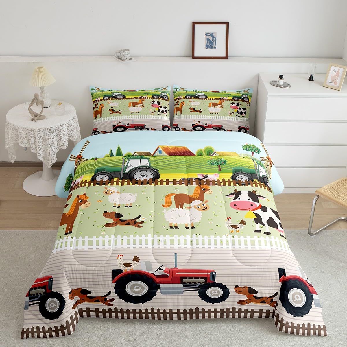 Tractor Bedding Sets For Boys Twin Size Toddler Kids Cute Cartoon Farm Animals Comforter Set Girls Children Farmhouse Country Down Comforter For All Season Colorful Room Decor Nature Theme Duvet Set