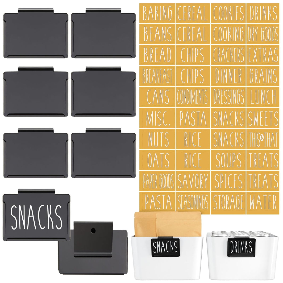 Talented Kitchen 8 Piece Metal Basket Labels Clip On Holders with 40 Labels for Kitchen Storage, Black Label Clips for Storage B
