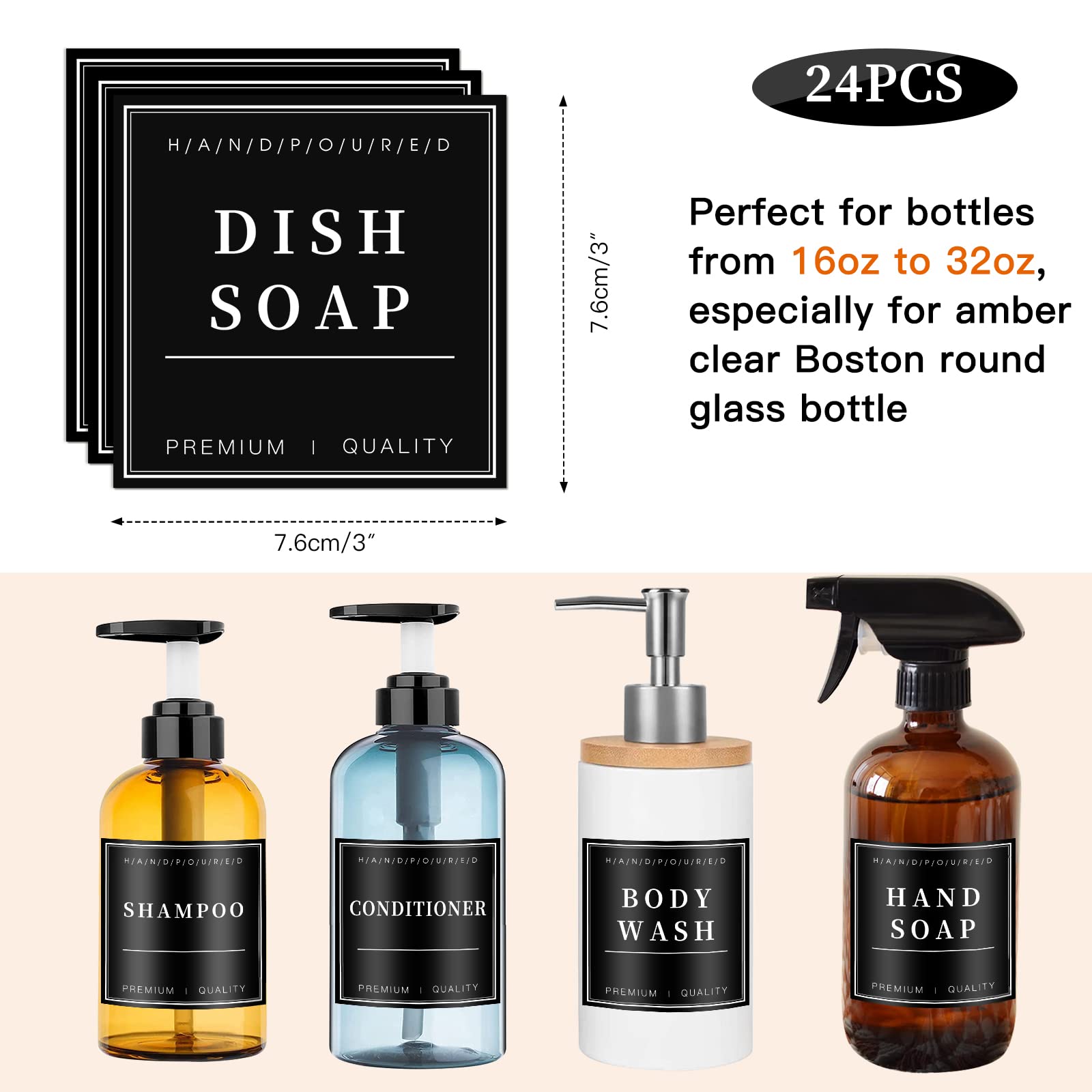 24Pcs Waterproof Labels For Glass Or Plastic Bottles, Bathroom Hand Soap Shampoo Dispenser Label Stickers, Removable Cleaning La