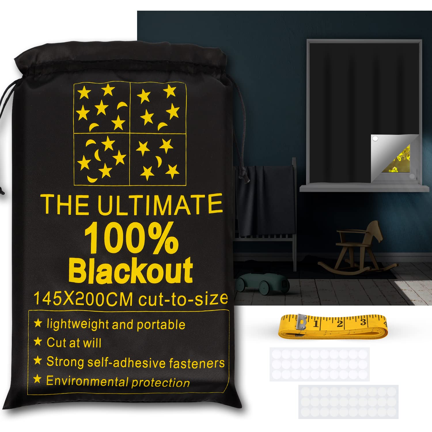 Portable Blackout Shades (79 x 57) Window Curtains, 100% Blackout Material Temporary Blinds for Baby Nursery, Bedroom, Dorm Room