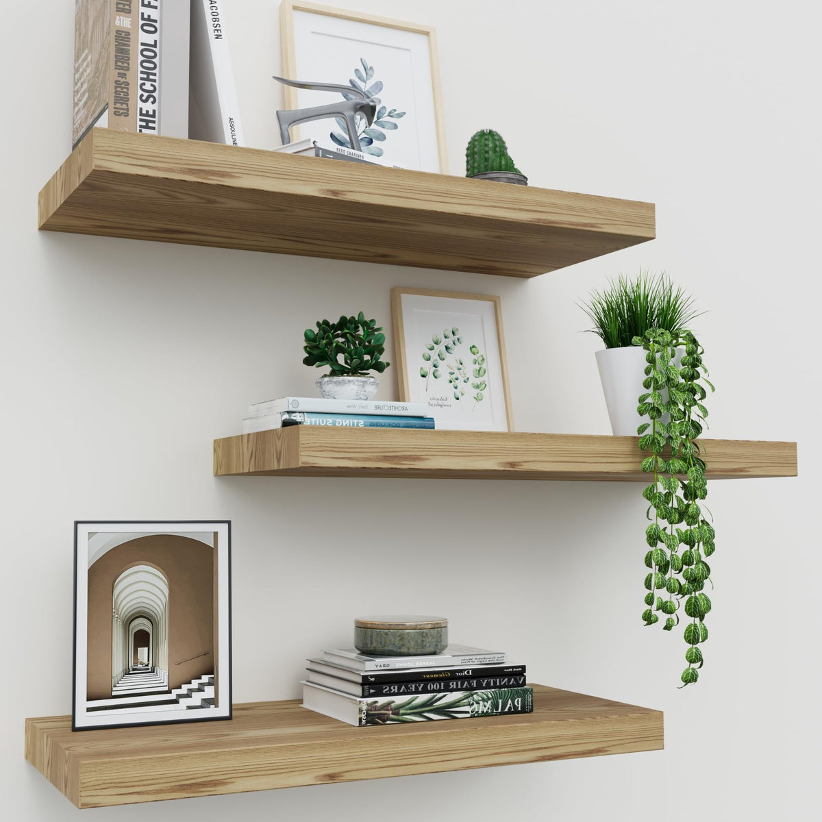 Upassion Floating Shelves for Wall Set of 3, 16'' Rustic Wood Wall Shelves for Home Decor, Frame Display Wall Mounted Floating S