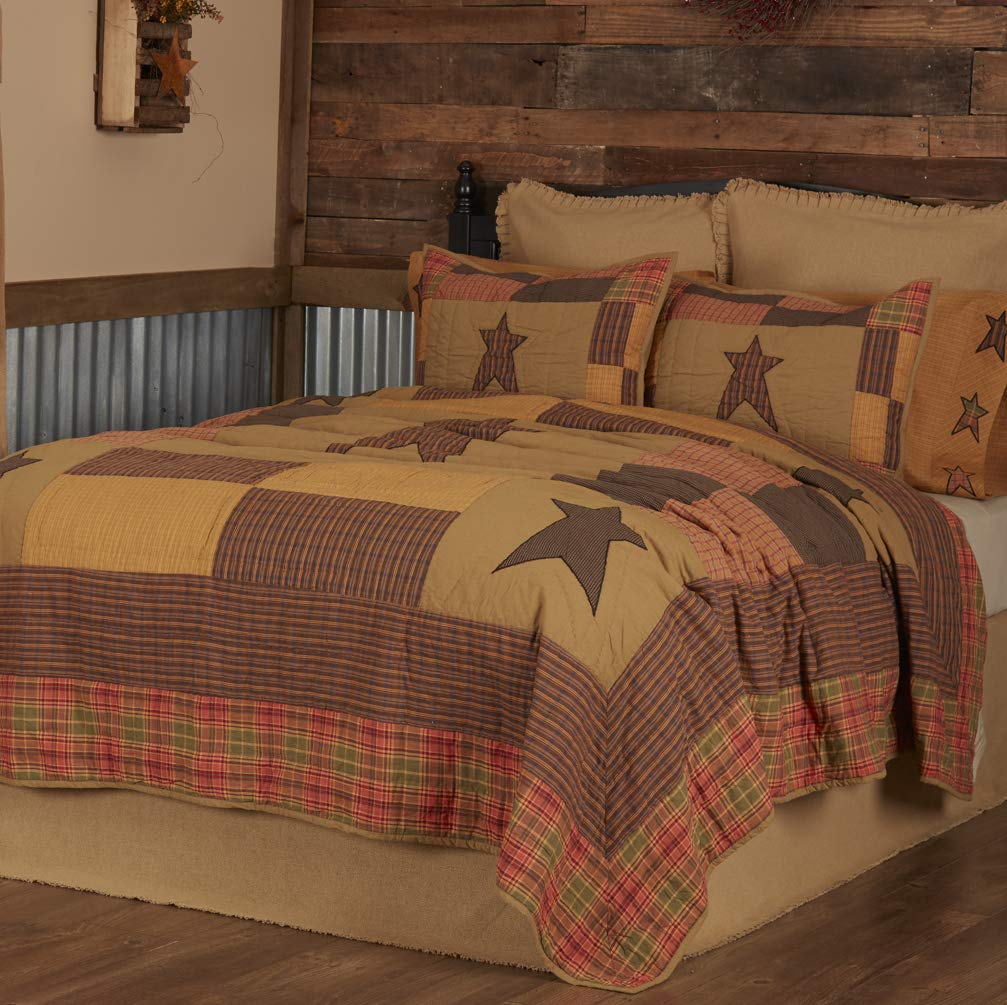 Vhc Brands Stratton Primitive Twin Quilt Tan Appliqued Cotton Star Pre-Washed Rectangle Bedroom Decor