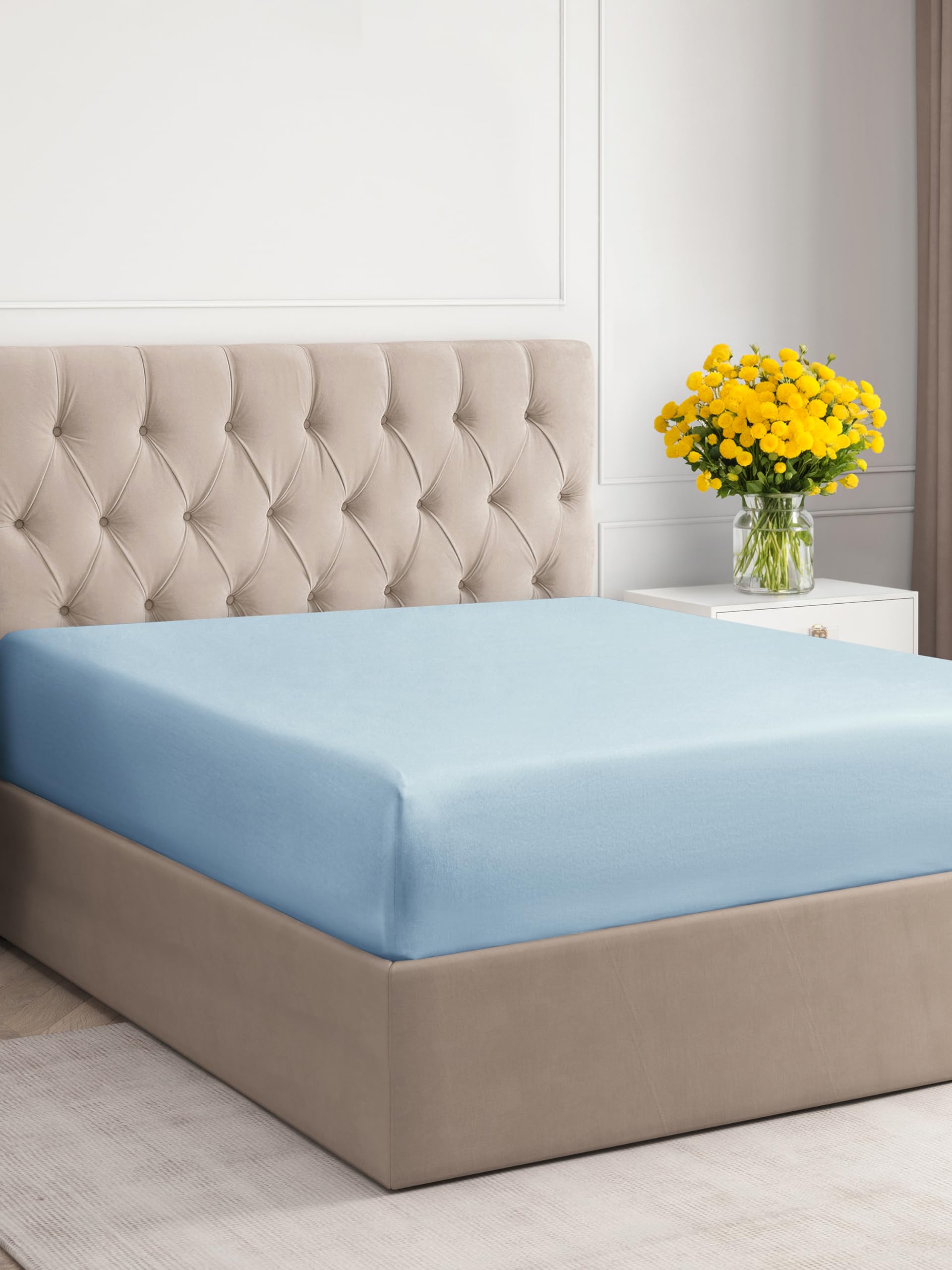 Queen Size Fitted Bed Sheet - Hotel Luxury Single Fitted Sheet Only - Fits Mattress Up To 16' - Extra Soft, Wrinkle Free, Breathable Sheet For Women, Men, Kids & Teens - Light Blue Single Fitted Sheet