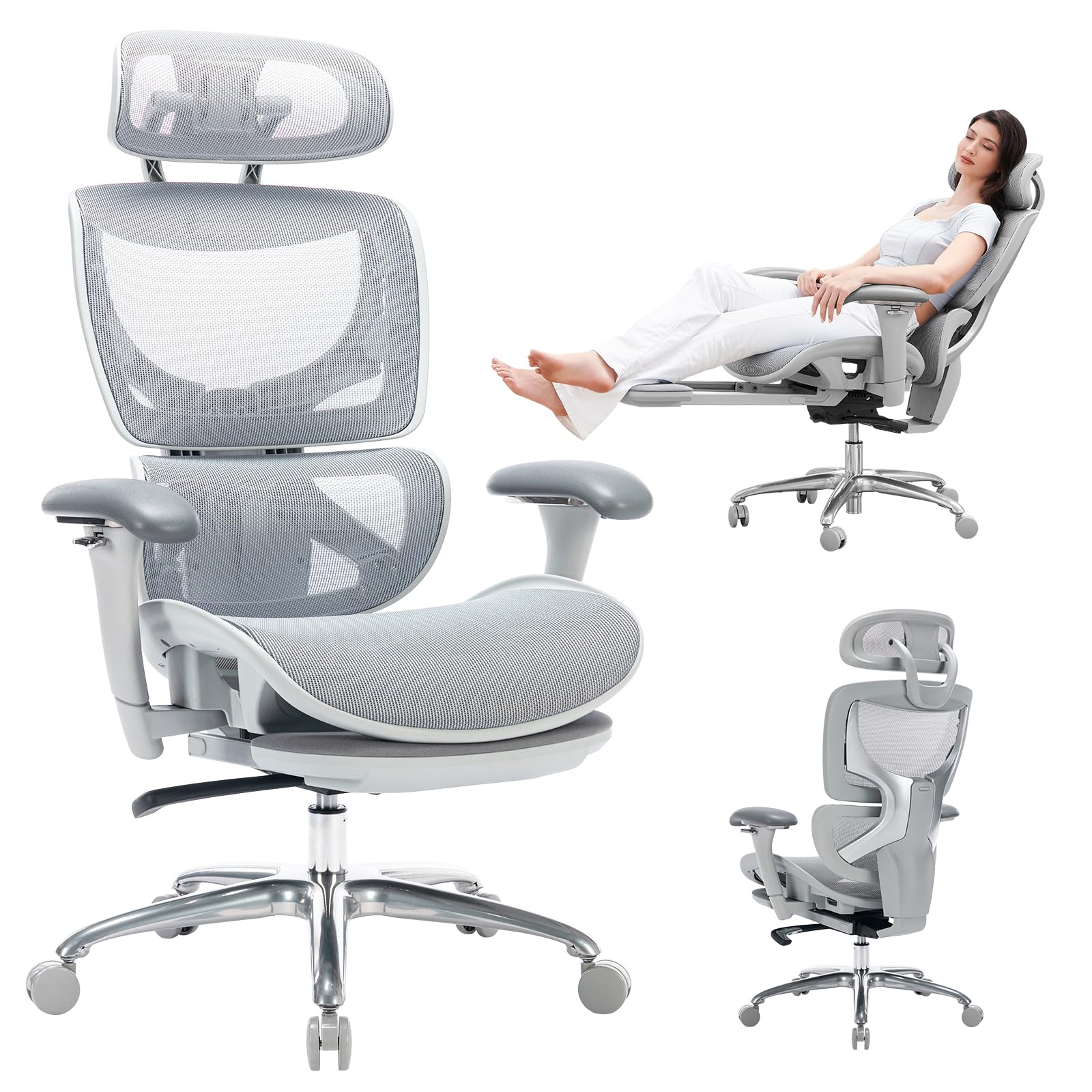 Ergonomic Mesh Office Chair With Footrest, Executive High Back Computer Desk Chair With Wide Headrest And Adjustable 3D Arms, Backrest, Tilt Lock And Lumbar Support-Grey