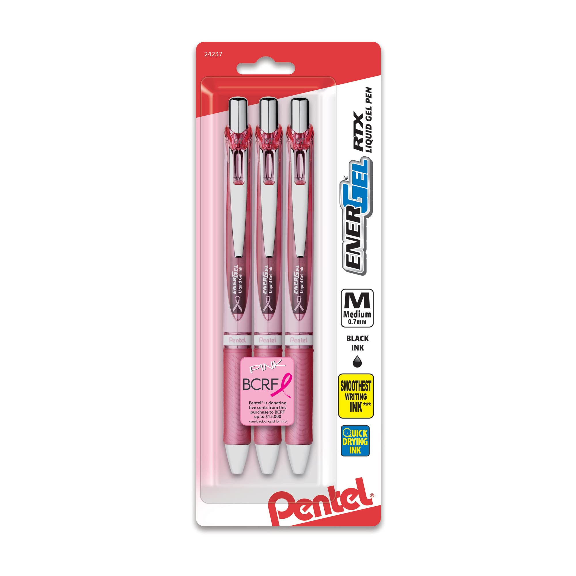 Pentel Energel Rtx Retractable Liquid Gel Pens, Medium Point, 0.7 Mm, 54% Recycled, Assorted Barrel Colors, Black Ink, Pack Of 3