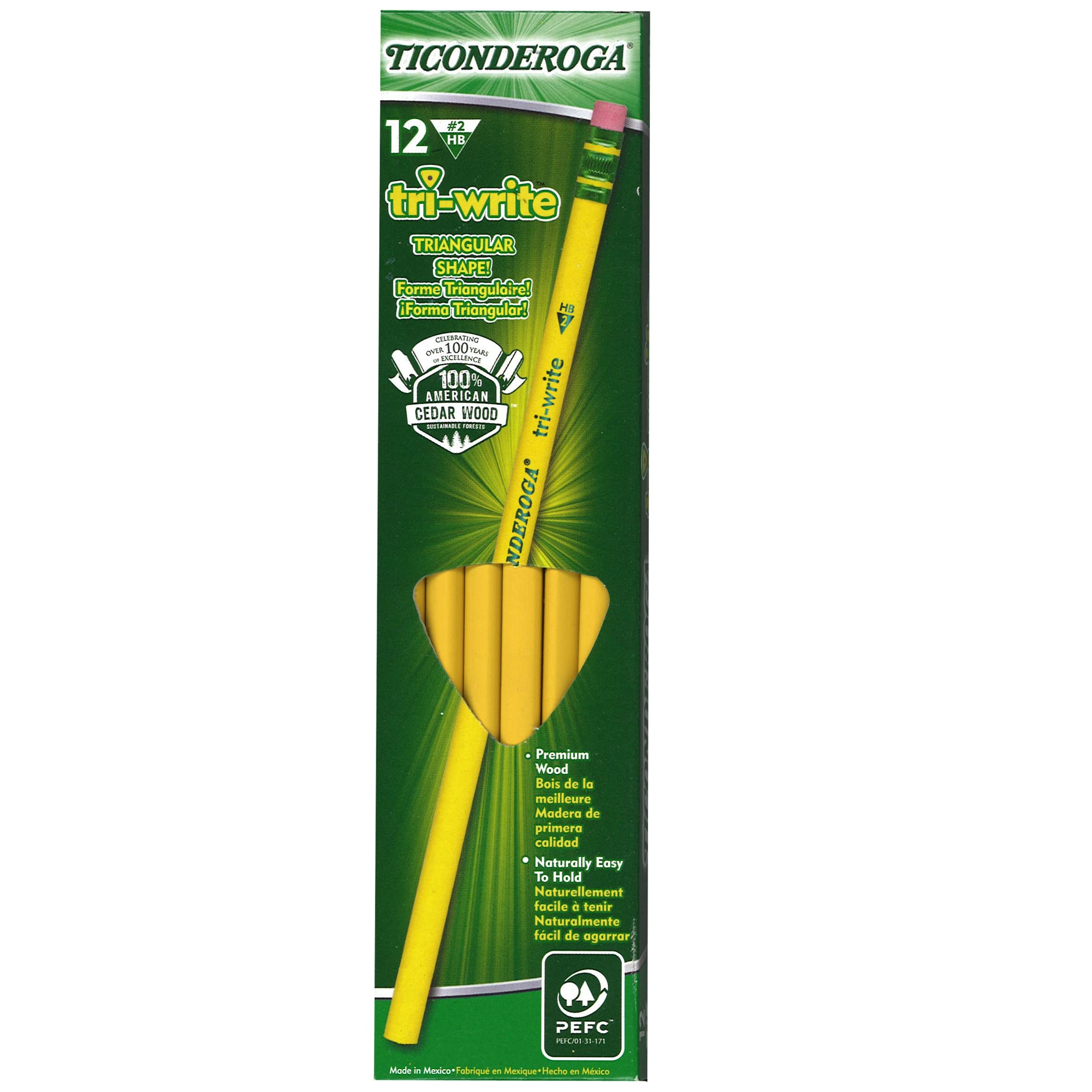 Ticonderoga Tri-Write Triangular Pencils, Wood-Cased #2 Hb Soft, Yellow (13856) (Pack Of 6, 72 Count Total)