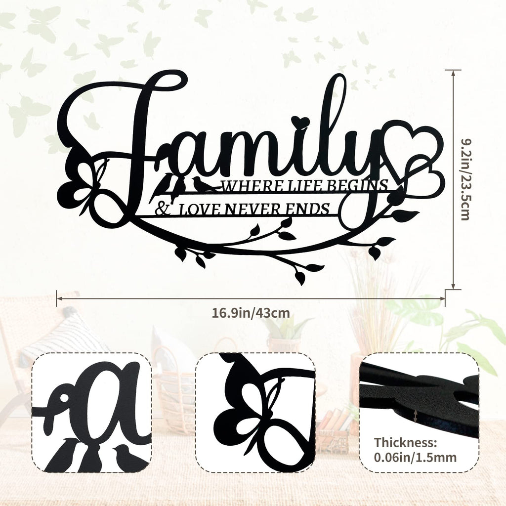 Family Sign Black Metal Wall Art Decor, Oppro Family Where Life Begins Love Never Ends Wrought Iron Wall Decorations, Hanging Fa