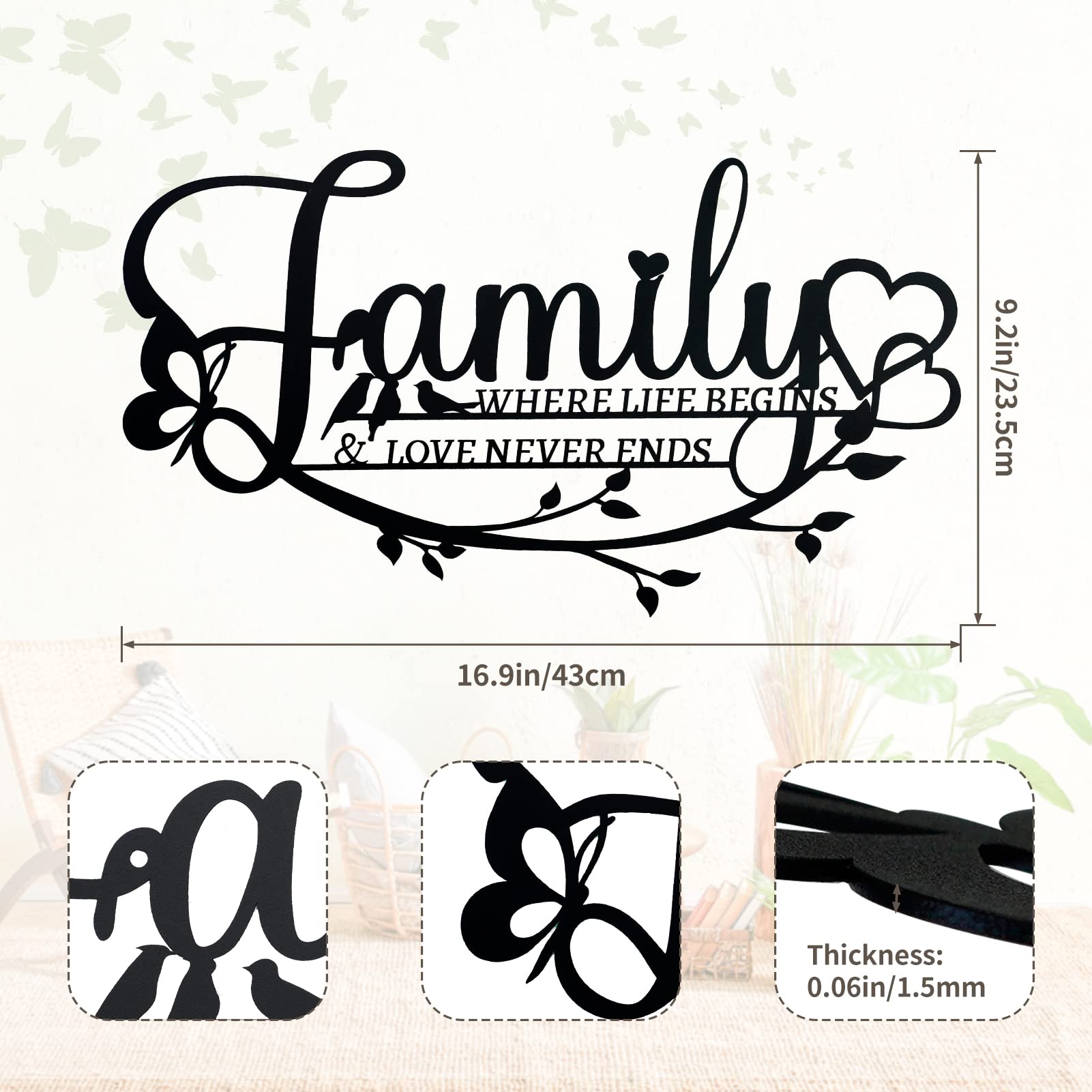 Family Sign Black Metal Wall Art Decor, Oppro Family Where Life Begins Love Never Ends Wrought Iron Wall Decorations, Hanging Fa
