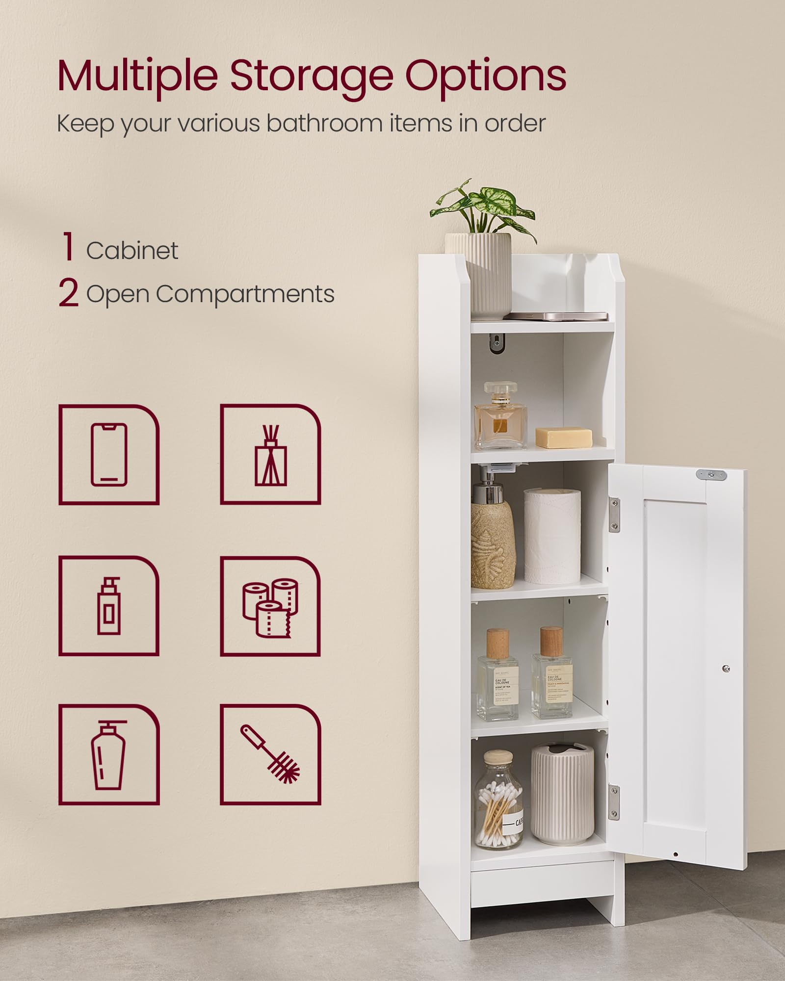 Vasagle Small Bathroom Storage Corner Floor Cabinet With Door And Shelves, Bathroom Storage Organizer, Narrow Bathroom Toilet Paper Storage Cabinet, Adjustable Shelves, White Ubbc310W01