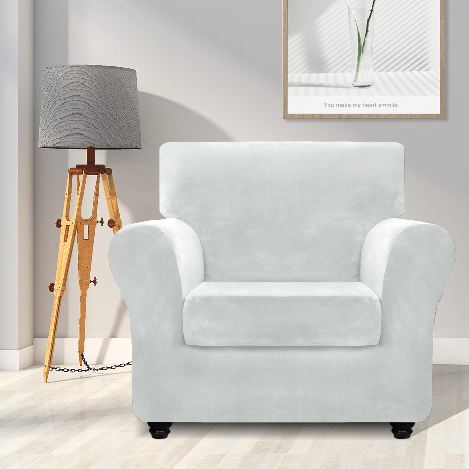 Znsayotx Luxury Velvet Chair Slipcovers With Arm 2 Piece Stretch Chair Covers For Living Room Thick Soft Armchair Slipcover Anti Slip Pet Friendly Furniture Protector (Silver Grey),32'-46'(1 Cushion)