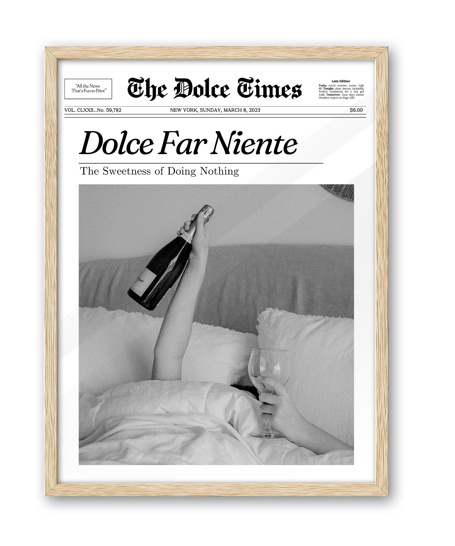 iHery Dolce Far Niente Framed Trendy NewsPaper Wall Art, Natural OAK Wood 12x16in Canvas Wall Art Bedroom,The Sweetness of Doing