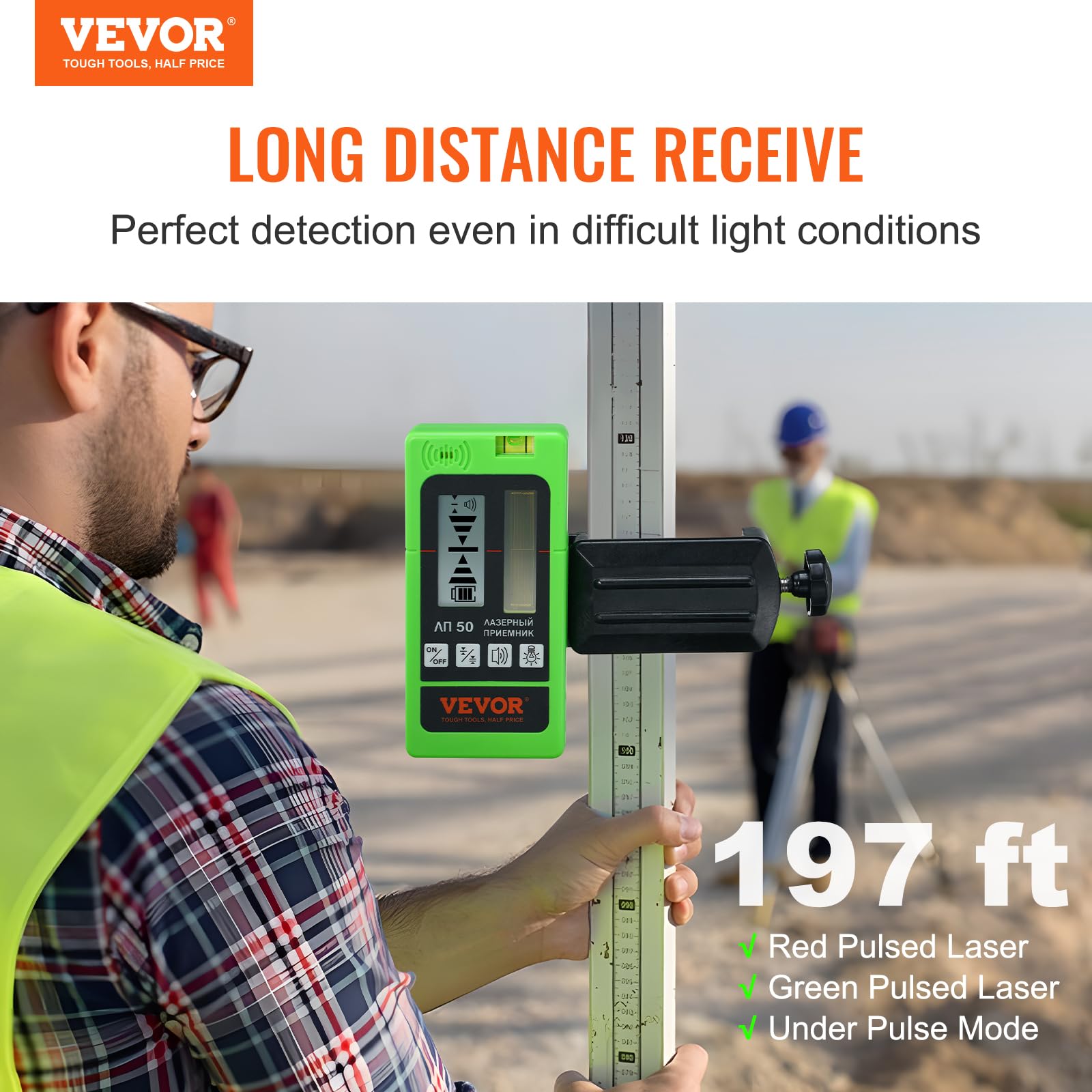 Vevor Laser Receiver For Line Laser Level, 197 Ft Working Range, Green Laser And Red Beam Detector For Pulsing Line Lasers, Adju