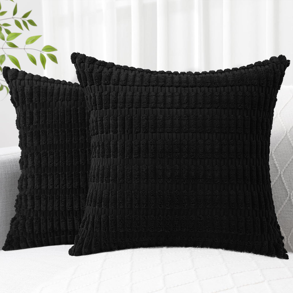 Decoruhome Black Decorative Throw Pillow Covers 24X24 Set Of 2, Soft Corduroy Striped Square Pillow Covers For Couch Living Room Bed Sofa