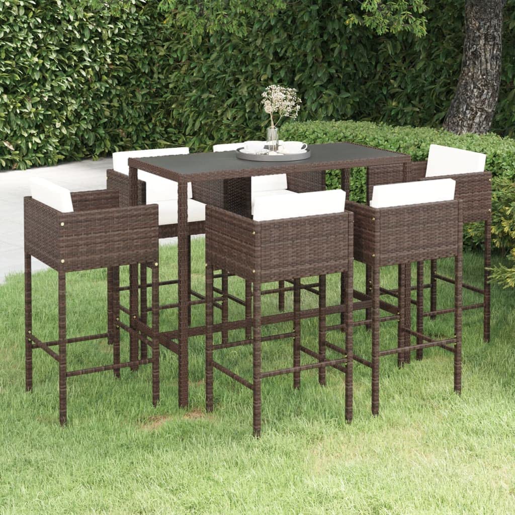 vidaXL Patio Bar Set 7 Piece with Cushions Garden Outdoor Terrace Balcony Dining Table and Chair Seat Seating Furniture Poly Rattan Brown