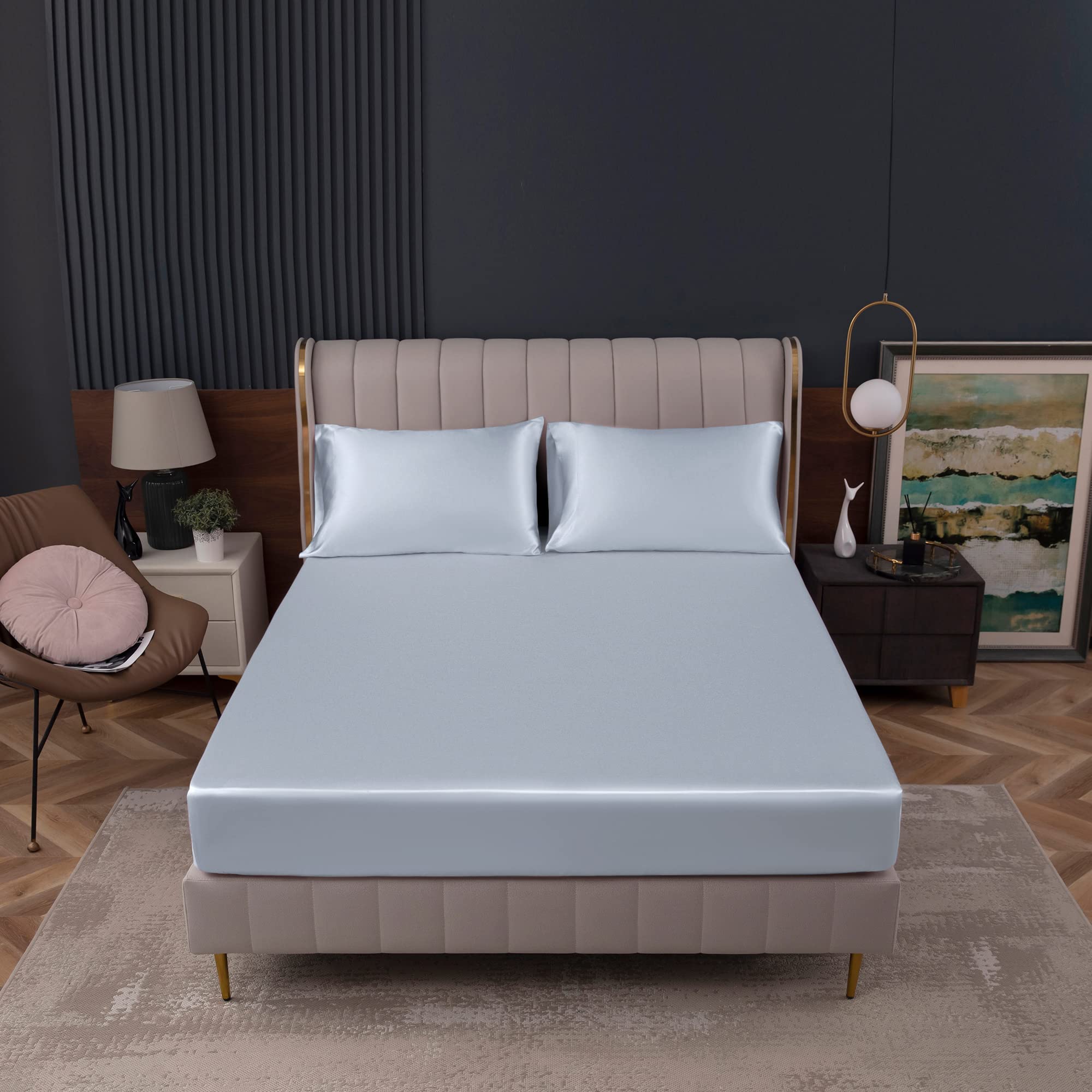 Homiest Baby Blue Satin Fitted Sheet Queen Size Fitted Bed Sheet, Deep Pocket Fitted Sheet Only, Luxury & Ultra Soft Bedding Fitted Sheet Single Bottom Bed Sheets Sold Separately