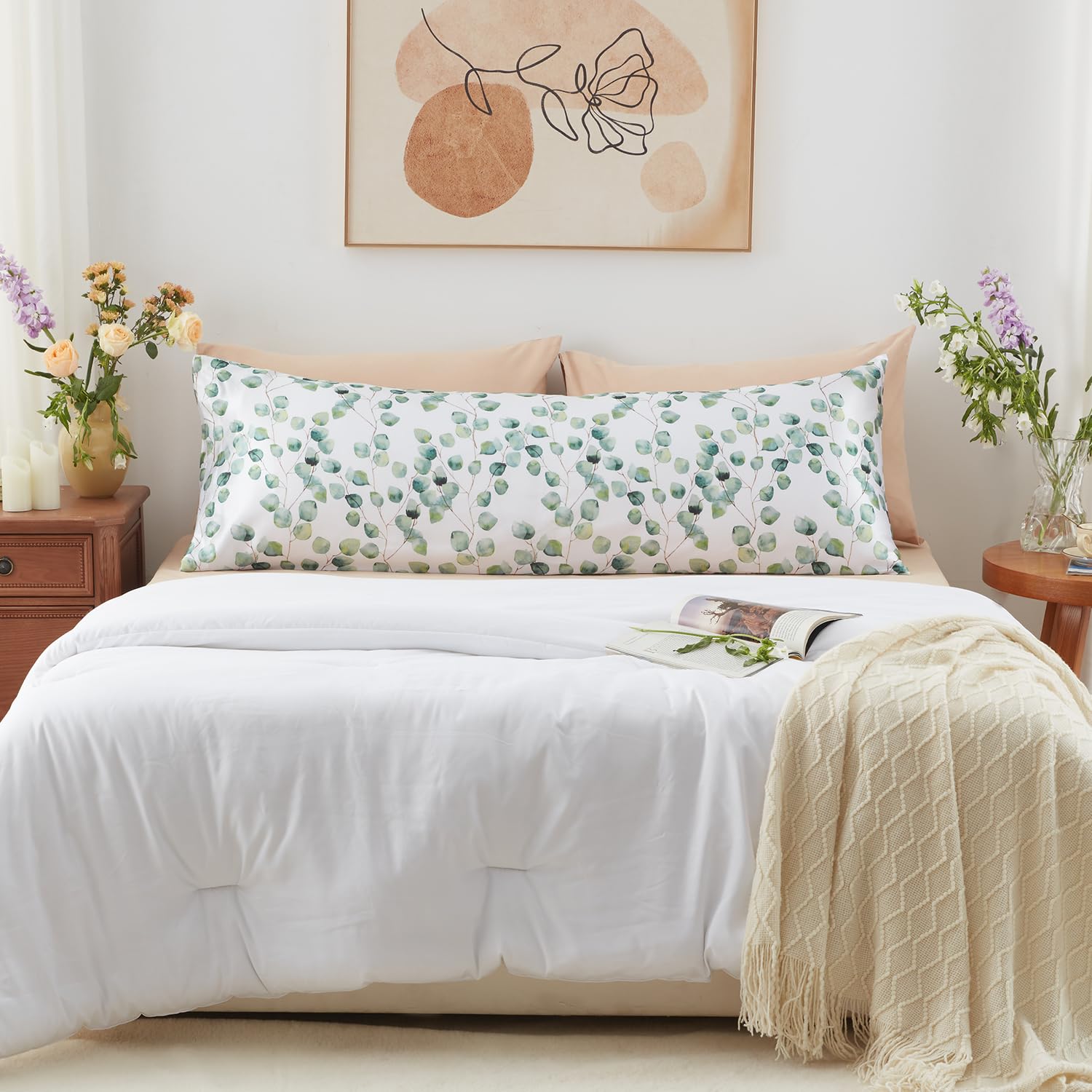 Exq Home Satin Body Pillow Pillowcase Super Soft Silk Pillowcase, Body Pillow Cover With Envelope Closure Ink Leaf (20''X54'')