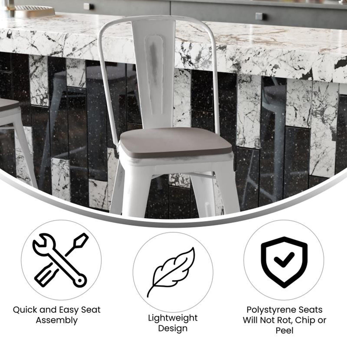 Flash Furniture Carly Commercial Grade 24&quot; High White Metal Indoor-Outdoor Counter Height Stool with Back and Gray Polystyrene Seat