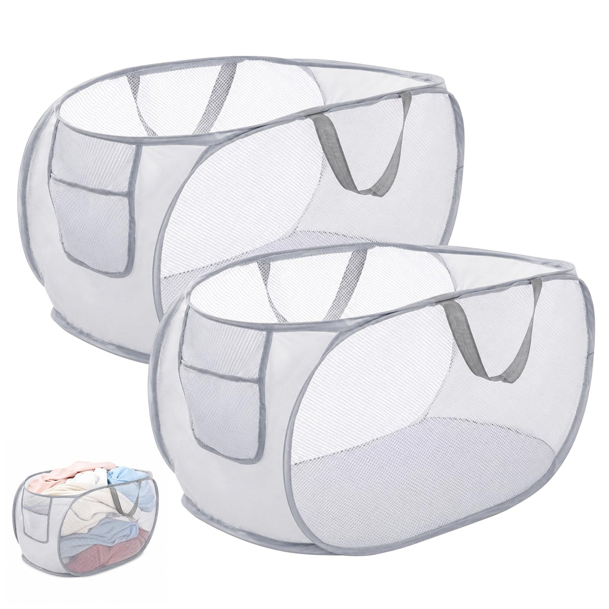 ZCFLCK 2Pack Mesh Pop Up Laundry Hamper with Side Pocket, Grey