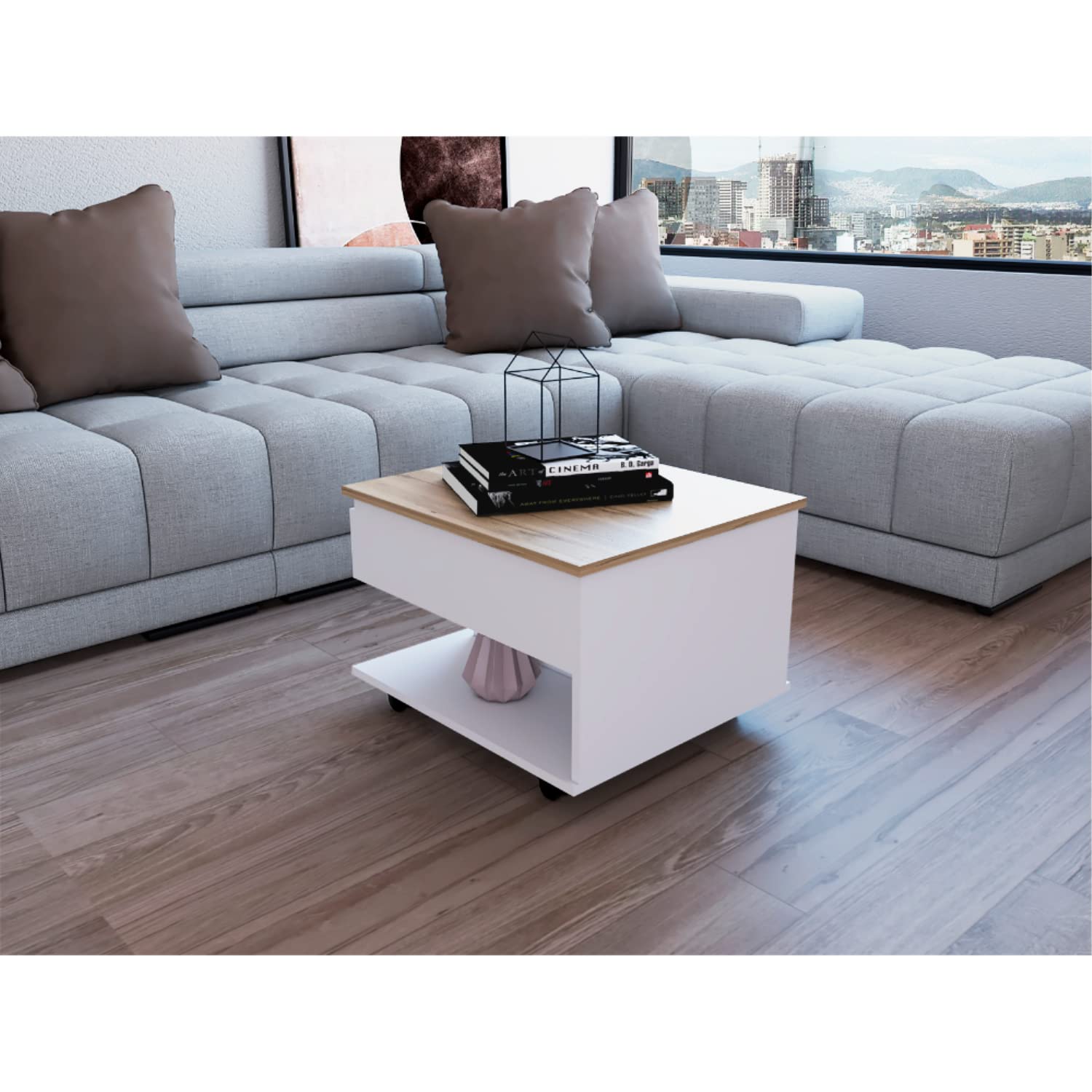 Babel 22-inch Wide Lift Top Coffee Table with Caster Wheels and 1 Shelf, White/Light Oak