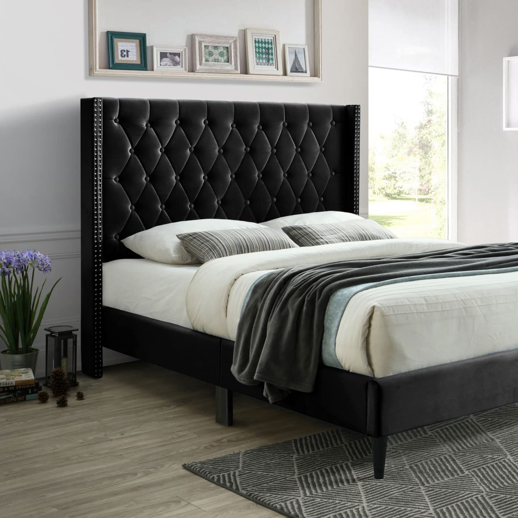 Better Home Products Amelia Velvet Tufted Queen Platform Bed in Black
