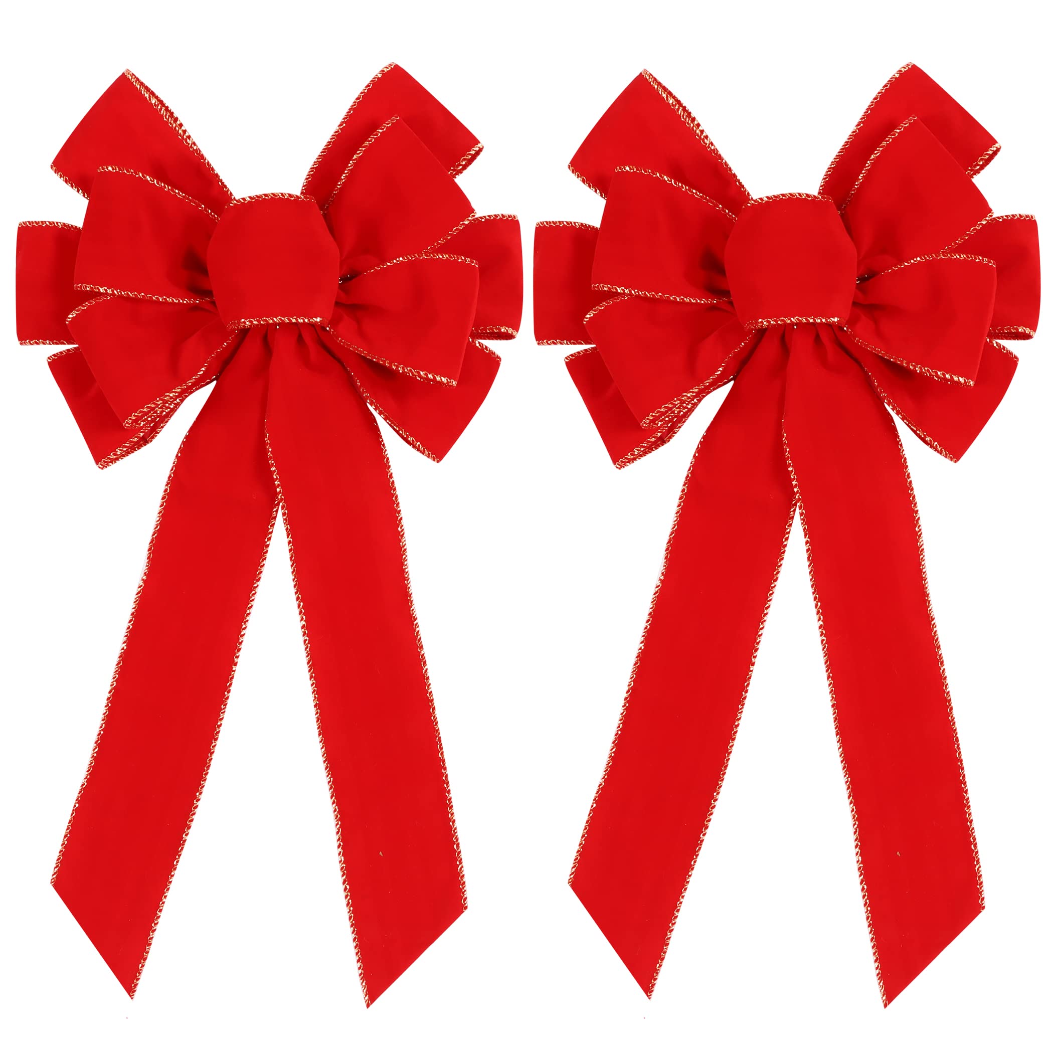 2 Pack Red Christmas Bows Outdoor Decorations,12   x20    Large Christmas Tree Topper Bow, Velvet Wreath Bow with Glitter Gold E
