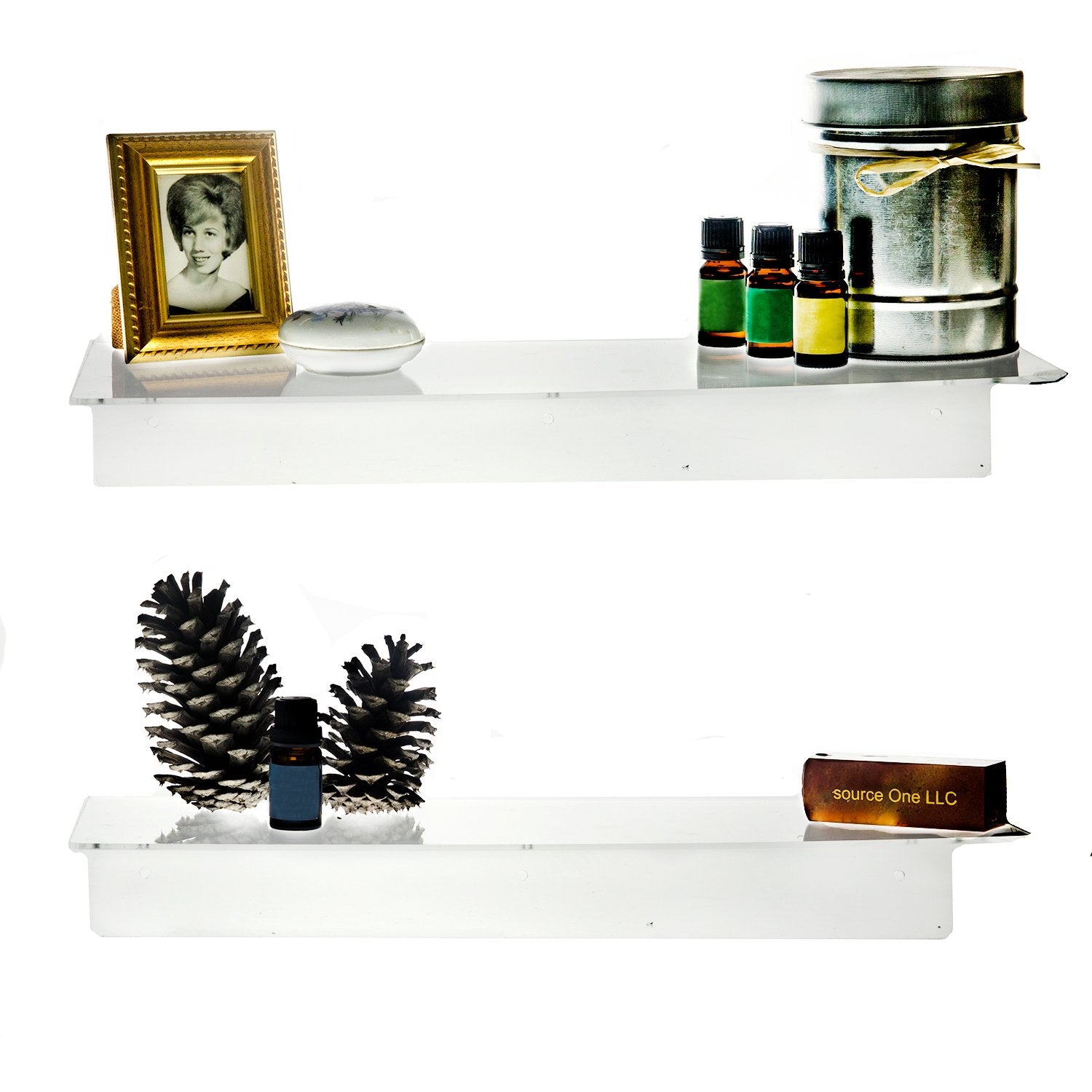 Source One Deluxe 12, 16 & 24 Inch Clear Acrylic Floating Wall Mount Shelves, Sold in Sets of Two (24 Inch)