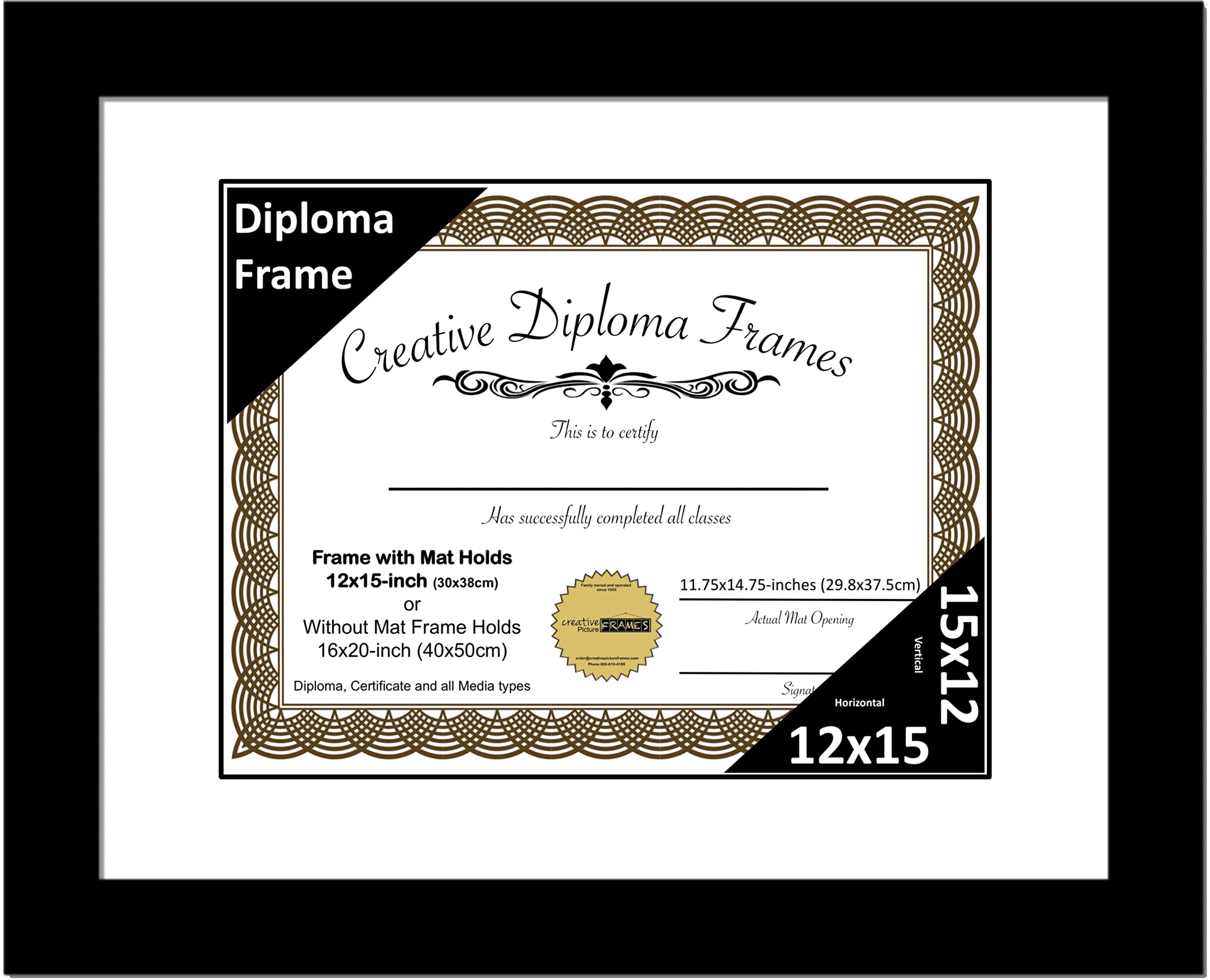 Creative Picture Frames 12x15 Classic Black Diploma Frame with White Mat Glass Easel and Installed Wall Hangers | Frame Holds 16