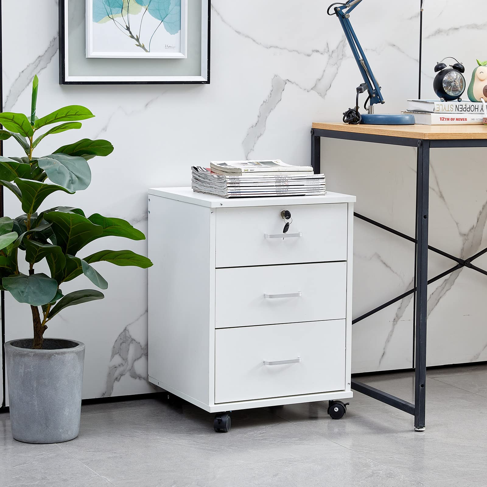 Ofcasa Mobile File Cabinet With Lockable Drawer, 3-Drawers Under Desk Cabinet With 360°Swivel Wheels, Wooden Stationery Storage Cabinet For Legal/Letter/ A4 Documents (White)