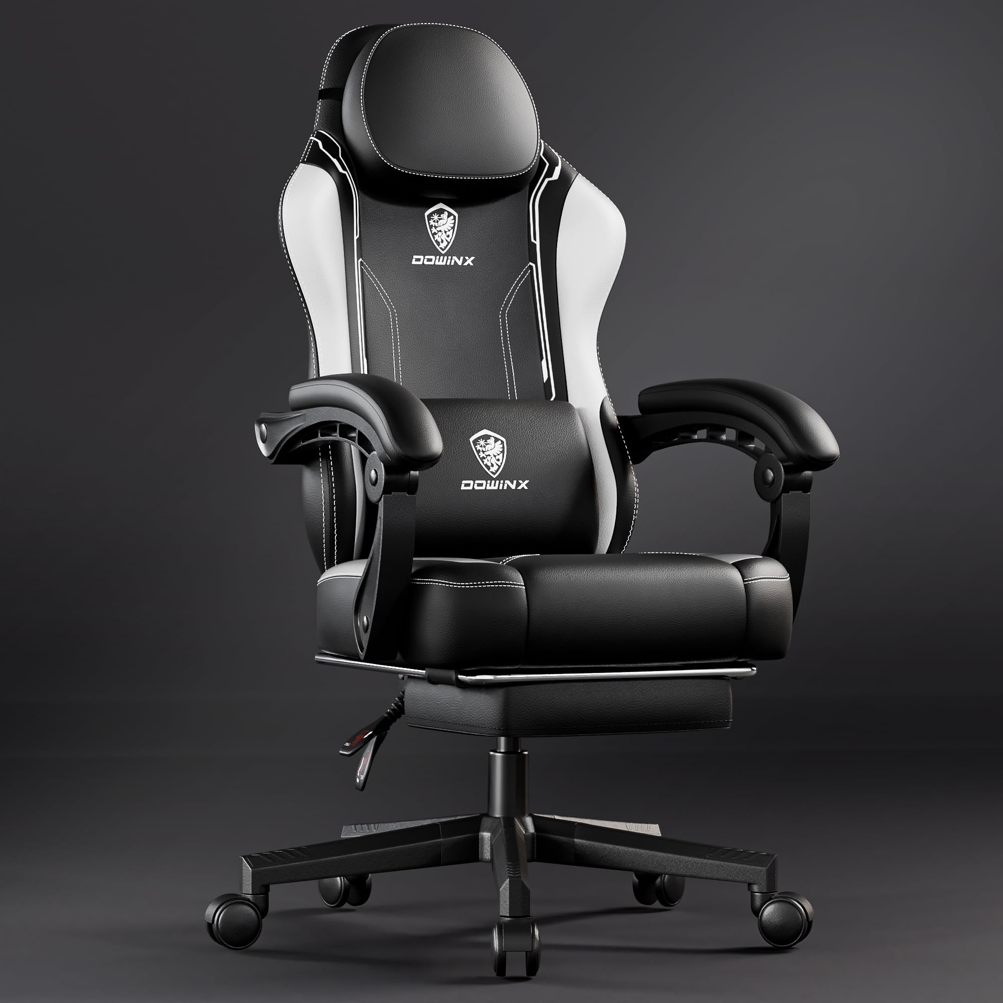 Dowinx Gaming Chair With Pocket Spring Cushion For Adults, Ergonomic Computer Chair With Footrest And Massage Lumbar Support, High Back Leather Game Chair For Office, Gaming, 300Lbs, White