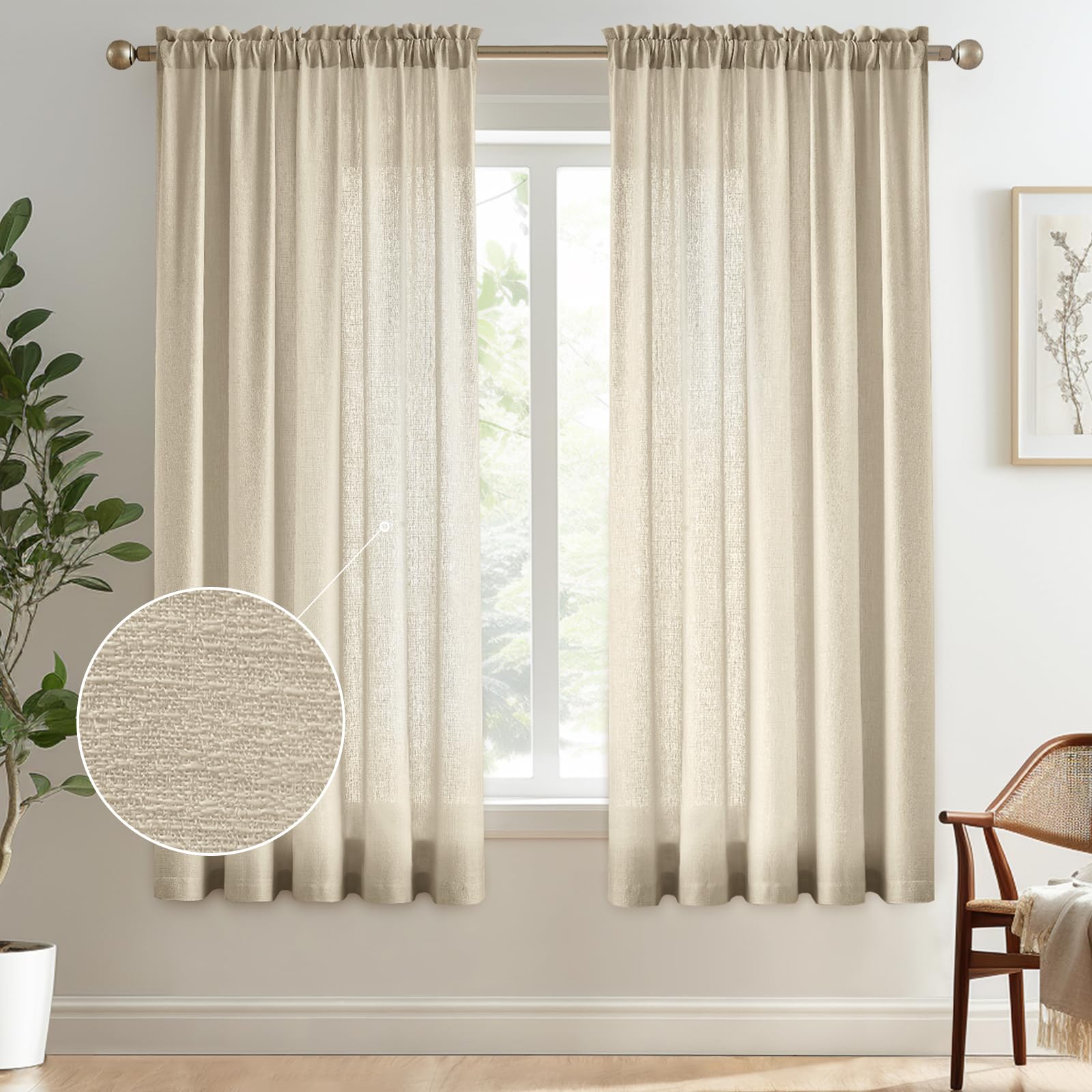Melodieux Tan Semi Sheer Curtains 63 Inches Long For Living Room, Linen Texture Bedroom Privacy Window Sheer Drapes Rod Pocket,