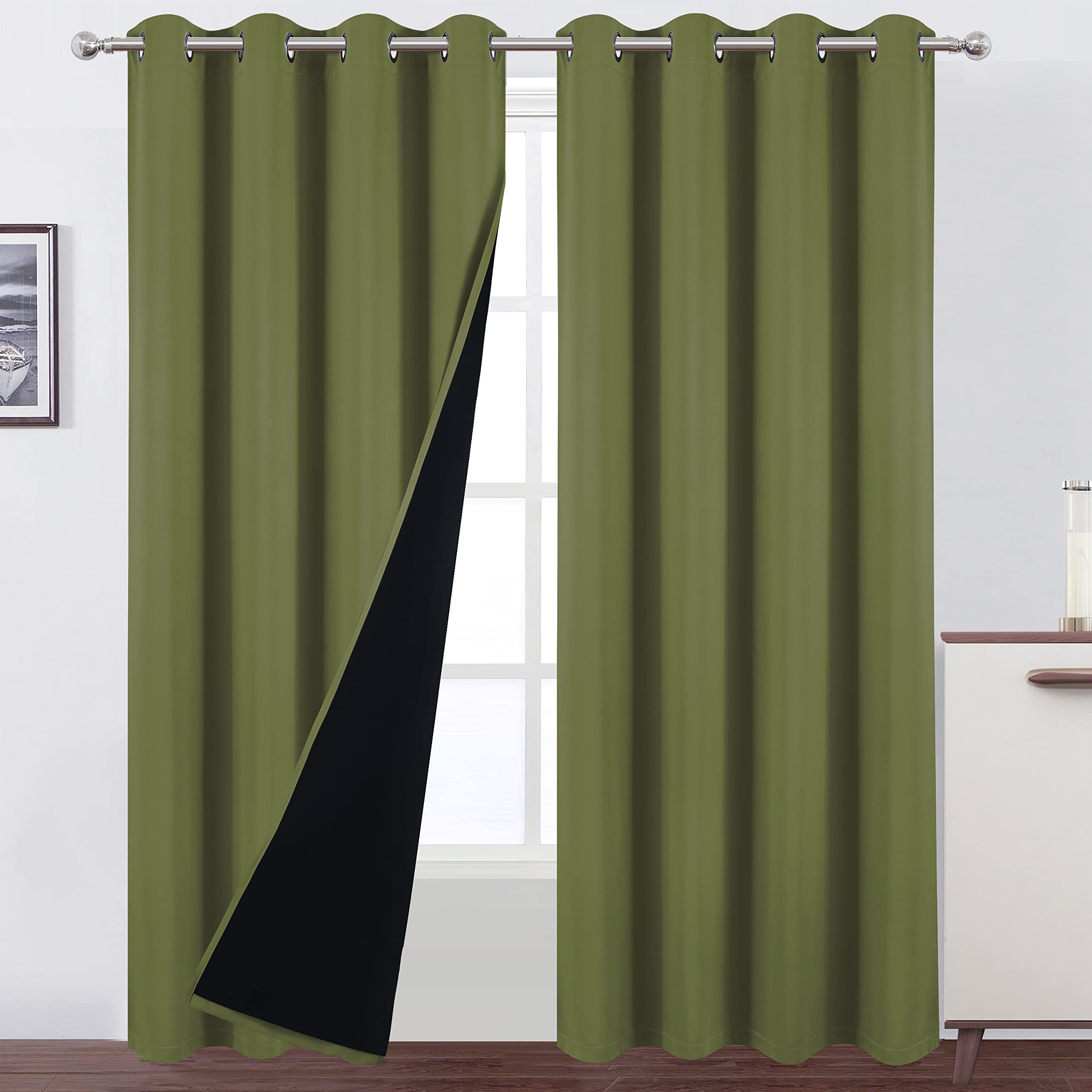 LEMOMO 100% Blackout Curtains 52 x 84 Inch/Olive Green Curtains 2 Panels with Black Lining Room Darkening Thermal Insulated Bedr